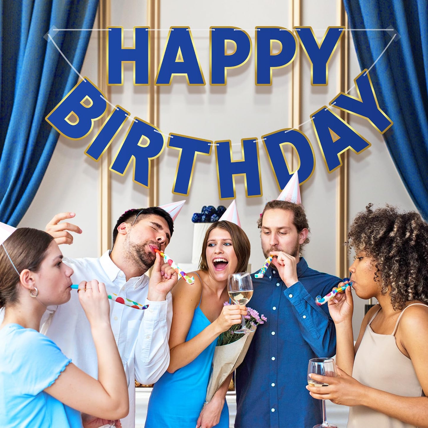 Litaus, Navy Blue Happy Birthday Banner - Pre-Strung, 9 Ft, No Diy | Birthday Decorations | Happy Birthday Sign For Birthday Dec