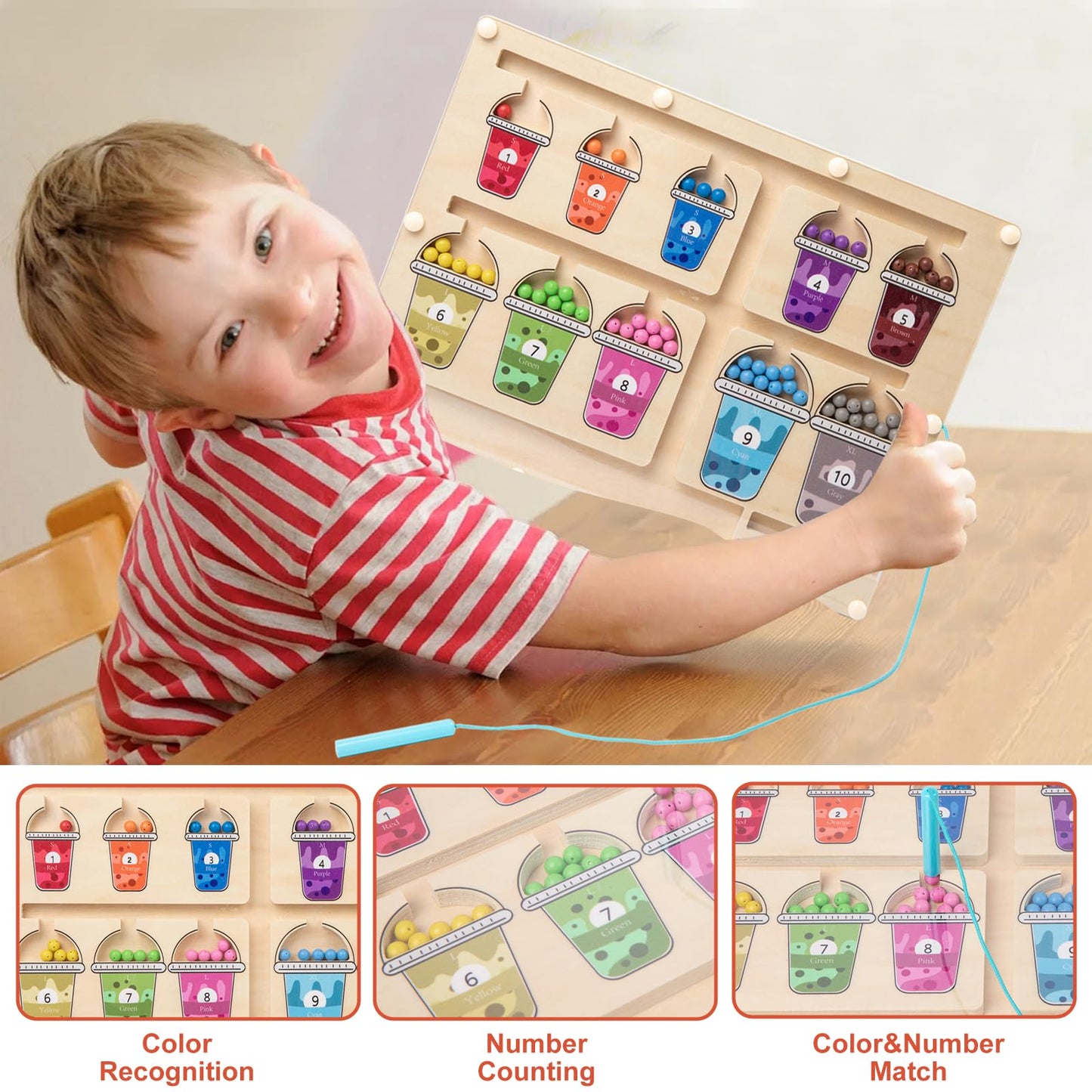Adena Montessori Magnetic Color & Number Maze - Montessori Wooden Color Matching Learning Counting Puzzle Board
