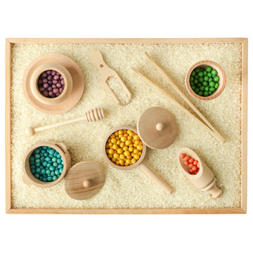 Blue Ginkgo Sensory Bin Tools – Montessori Fine Motor Skills Learning Set For Toddlers And Kids Pretend Play [9 Pc] Kitchen Wooden Set With Scoops, Bamboo Tongs
