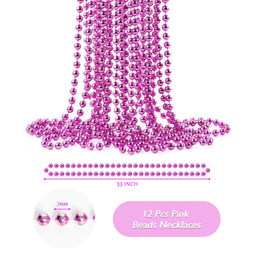 ZZYFGH 33'' 7mm Metallic Pink Bead Necklace Bulk, Mardi Gras Round Beaded Necklaces for Party Favors Costume Necklace (12 Pcs)