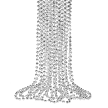 12 PCS Silver Mardi Gras Beads, 33'' Silver Beads Necklaces, Christmas Beads Necklaces, Metallic Patriotic Beads Necklaces, Para