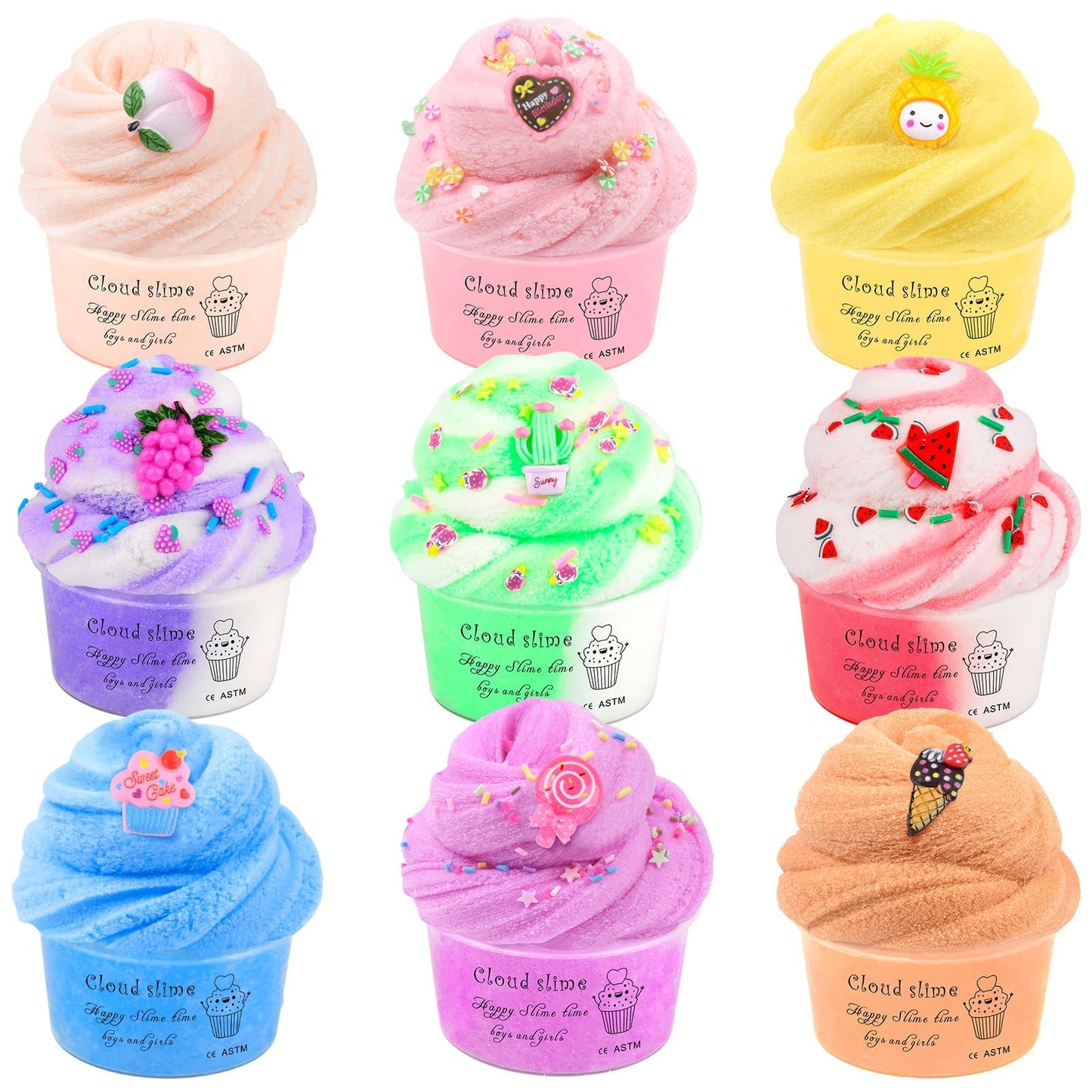 Cloud Slime Kit 9 Pack  with Peach Watermelon Pineapple Cake Slime Charms  DIY Slime Supplies for Girls and Boys  Stress Relief Toy for Kids Education  Party Favor  Gift and Birthday