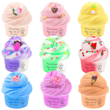 Cloud Slime Kit 9 Pack  with Peach Watermelon Pineapple Cake Slime Charms  DIY Slime Supplies for Girls and Boys  Stress Relief Toy for Kids Education  Party Favor  Gift and Birthday