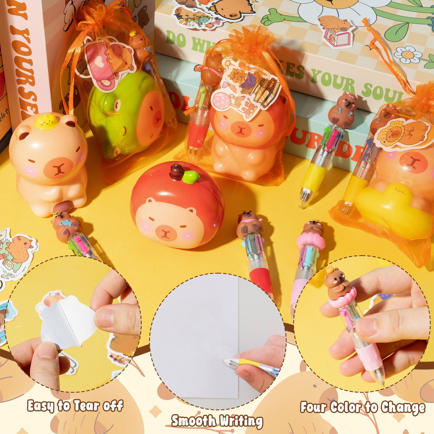 CY2SIDE 12 Pack Capybara Squeeze Toys Party Favor Gift Set, Included Random Slow Rising Squishy Toys 4-in-1 Ballpoint Pen Sticke