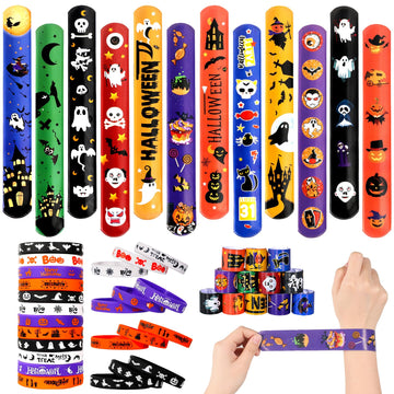 Garma 48Pcs Halloween Slap Bracelets Rubber Wristbands For Halloween Party Favors, Kids Girls Boys Toddlers Halloween Gifts