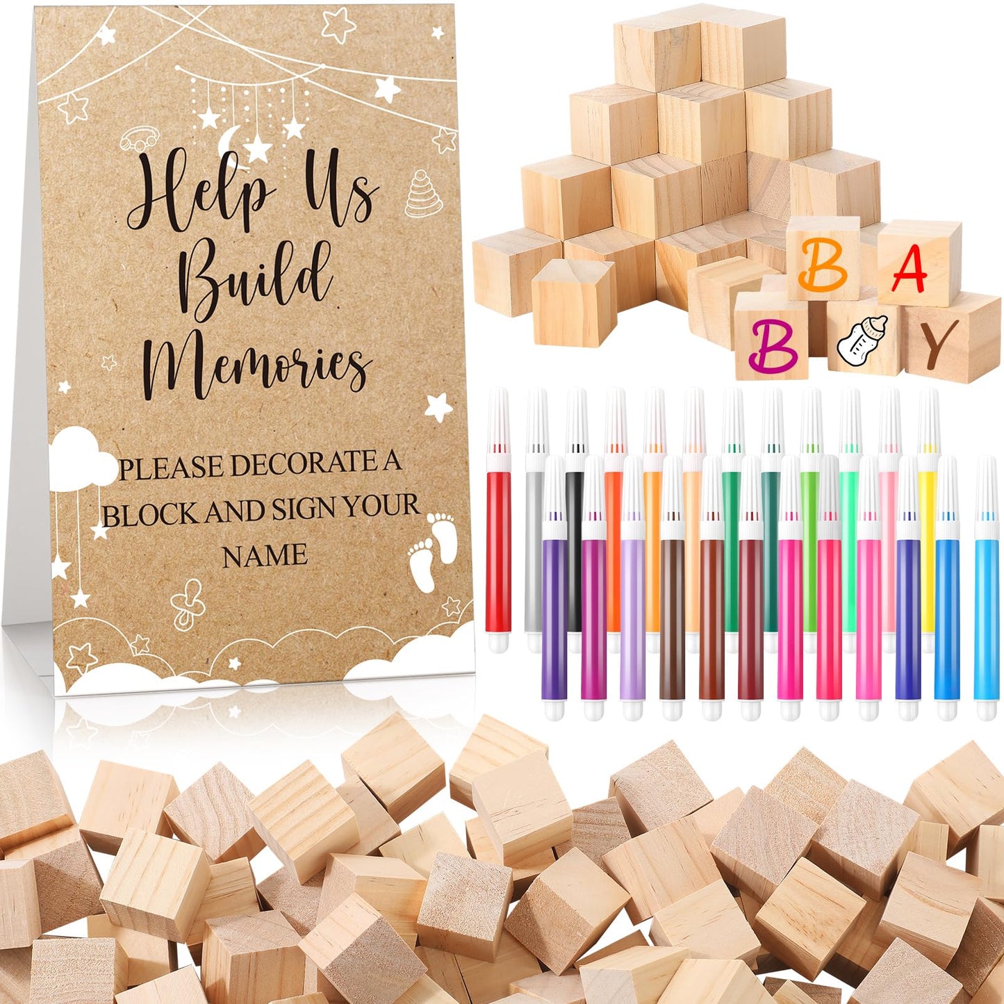 Dinifee 125 Pcs Baby Shower Decorate a Block Game Set Includes Help Us Build Memories Sign 100 DIY Blank Wooden Block 24 Paint M