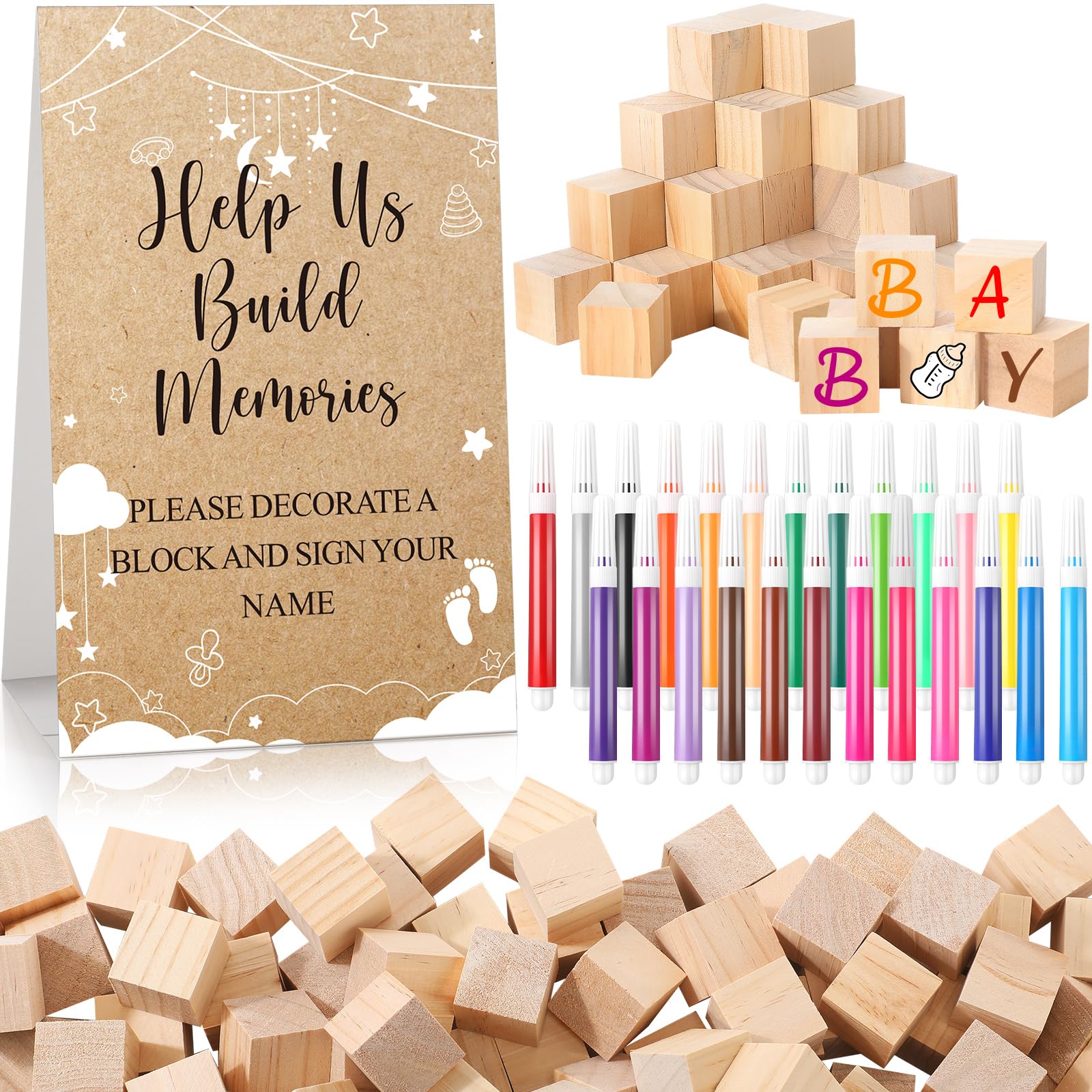 Dinifee 125 Pcs Baby Shower Decorate a Block Game Set Includes Help Us Build Memories Sign 100 DIY Blank Wooden Block 24 Paint M