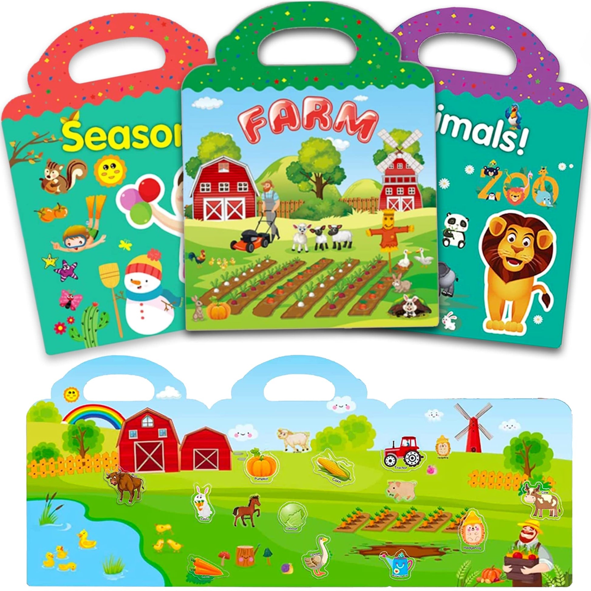 Reusable Sticker Book For Kids, 3 Sets Educational Learning Toys Travel Stickers Activity Books For Toddler Girls Boys Age 3+ Birthday Gifts - Farm, Season & Animals
