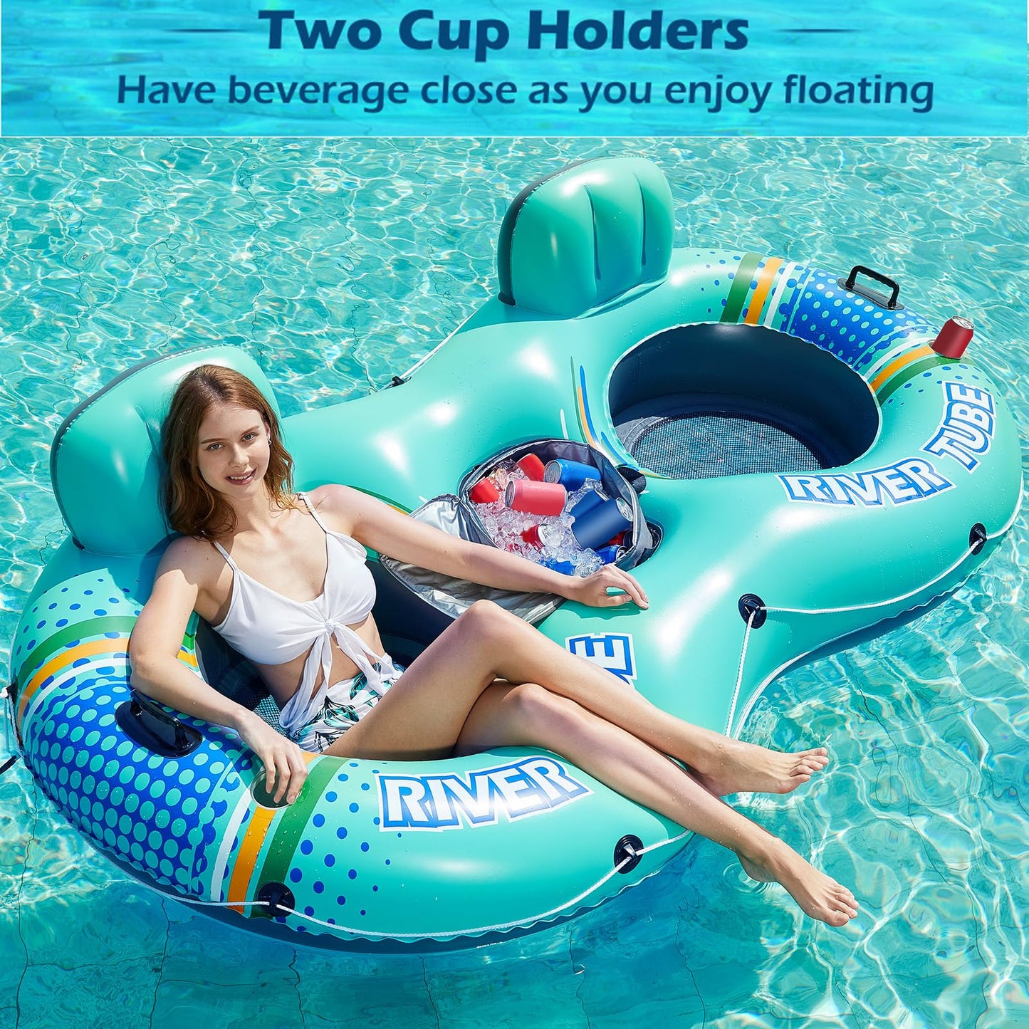 Jasonwell Inflatable River Tube Float - 2 Person Heavy Duty River Float Pool Floats With Removable Cooler Lake Water Tubes For Floating River Raft Lounge Floatie With 2 Cup Holders For Adults (Cyan)