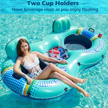 Jasonwell Inflatable River Tube Float - 2 Person Heavy Duty River Float Pool Floats With Removable Cooler Lake Water Tubes For Floating River Raft Lounge Floatie With 2 Cup Holders For Adults (Cyan)