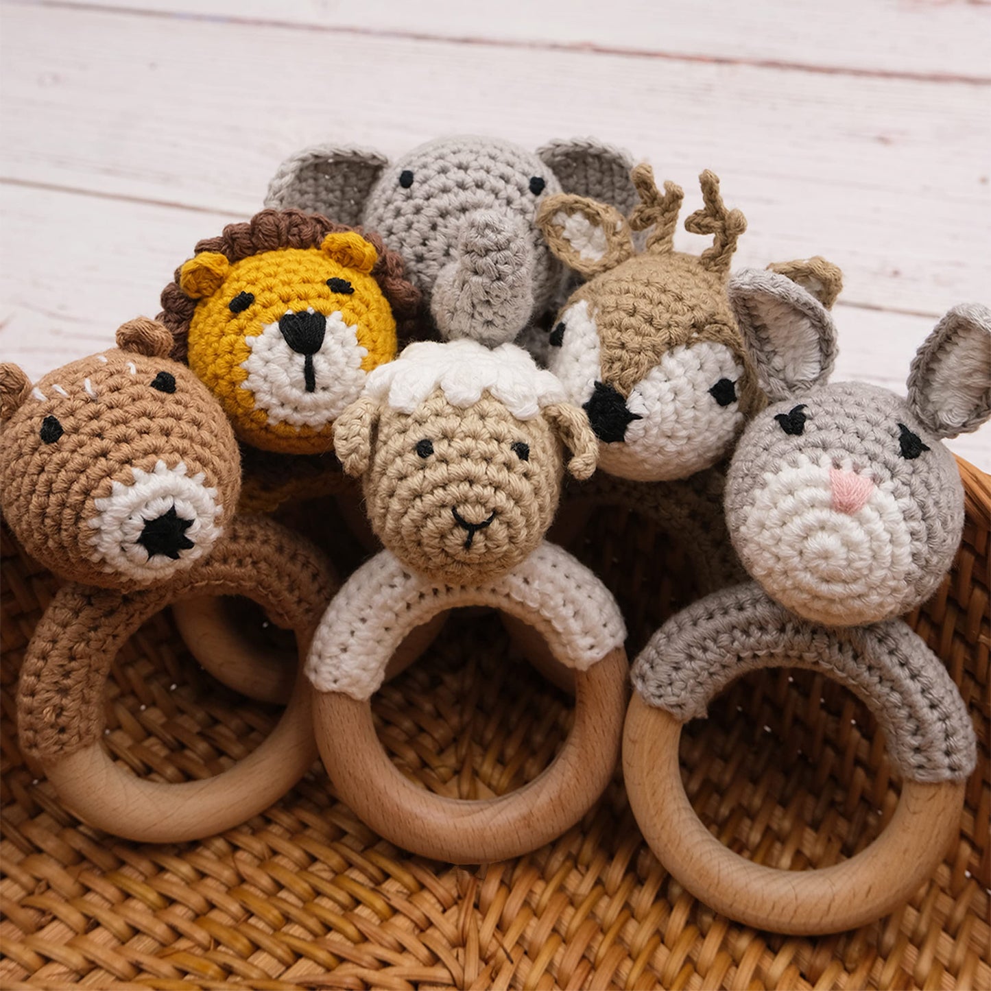Joliecraft Woodland Friends Baby Rattle Shaker Toy With Wooden Teething Ring In White And Tan Deer