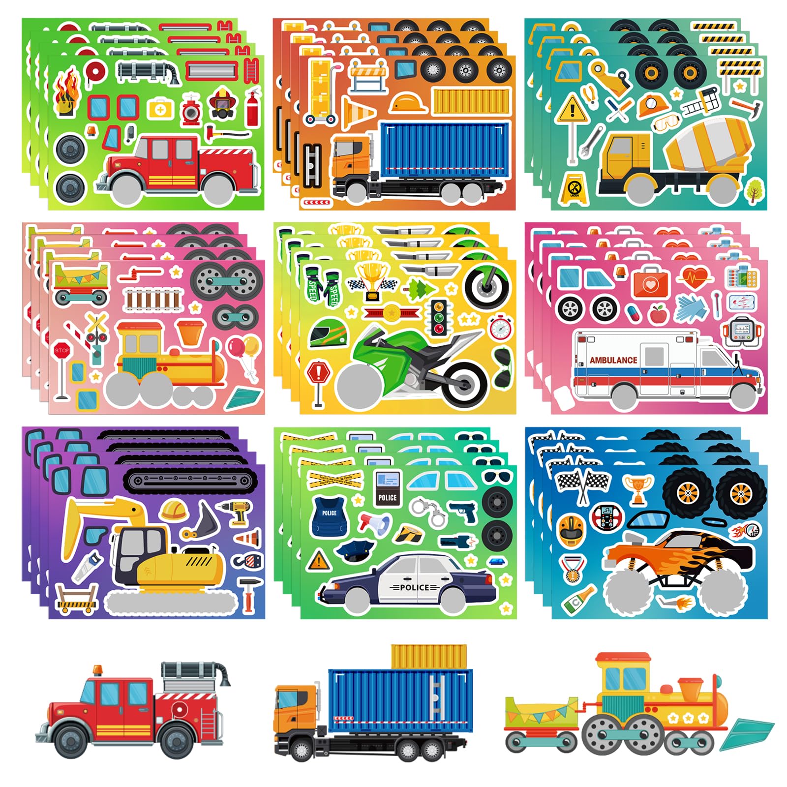 36 Sheets Vehicle Stickers, Make Your Own Truck Stickers for Kids, Mixed and Match Car Sticker for Construction Party Favors Cla