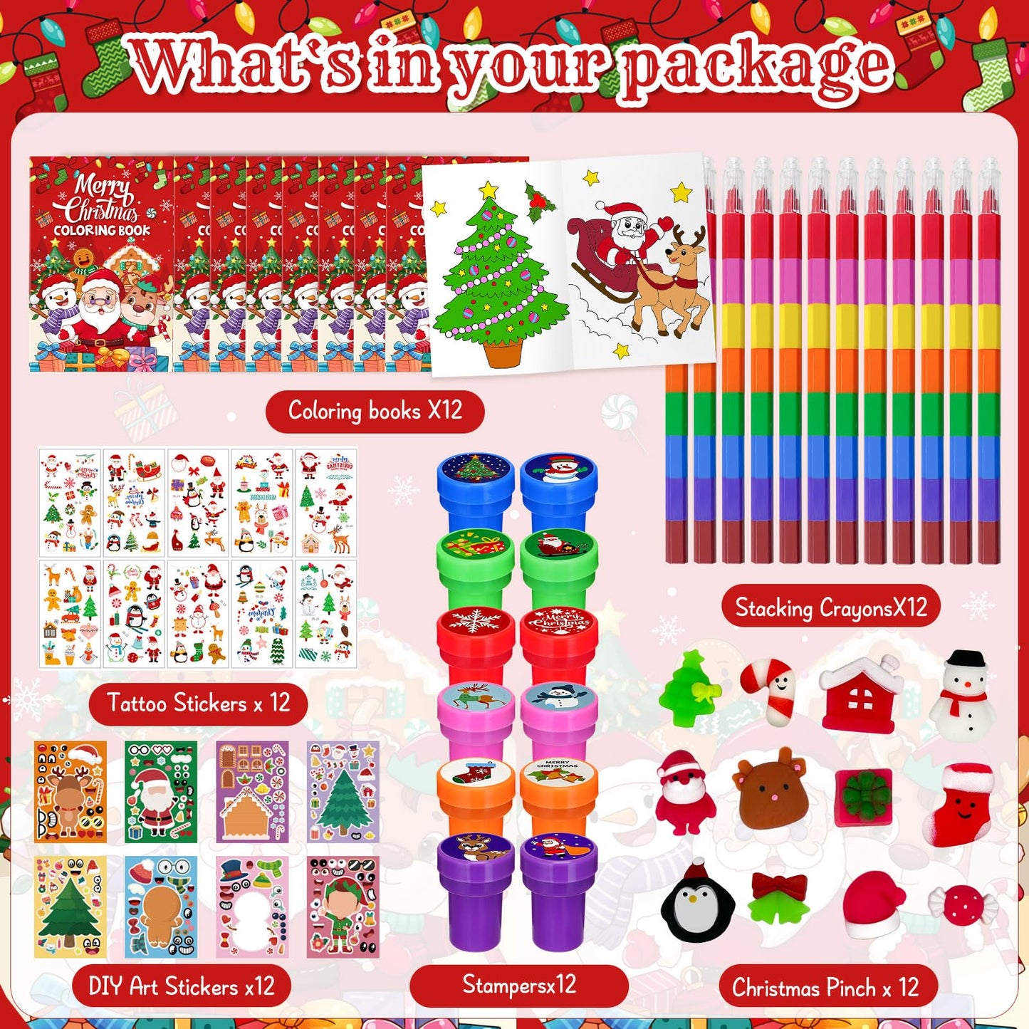 Cinrobiye 72 Pieces Merry Christmas Party Favors Max Holiday Coloring Books Tattoo DIY Sticker Stampers Class Reward Prizes for