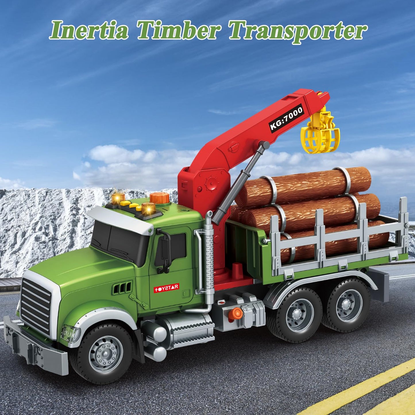 Mostop Logging Truck Toy for Kids, 15'' Yellow Plastic with Crane & 6 Trunks, Friction Powered, Model 666-80P, Perfect Birthday Gift