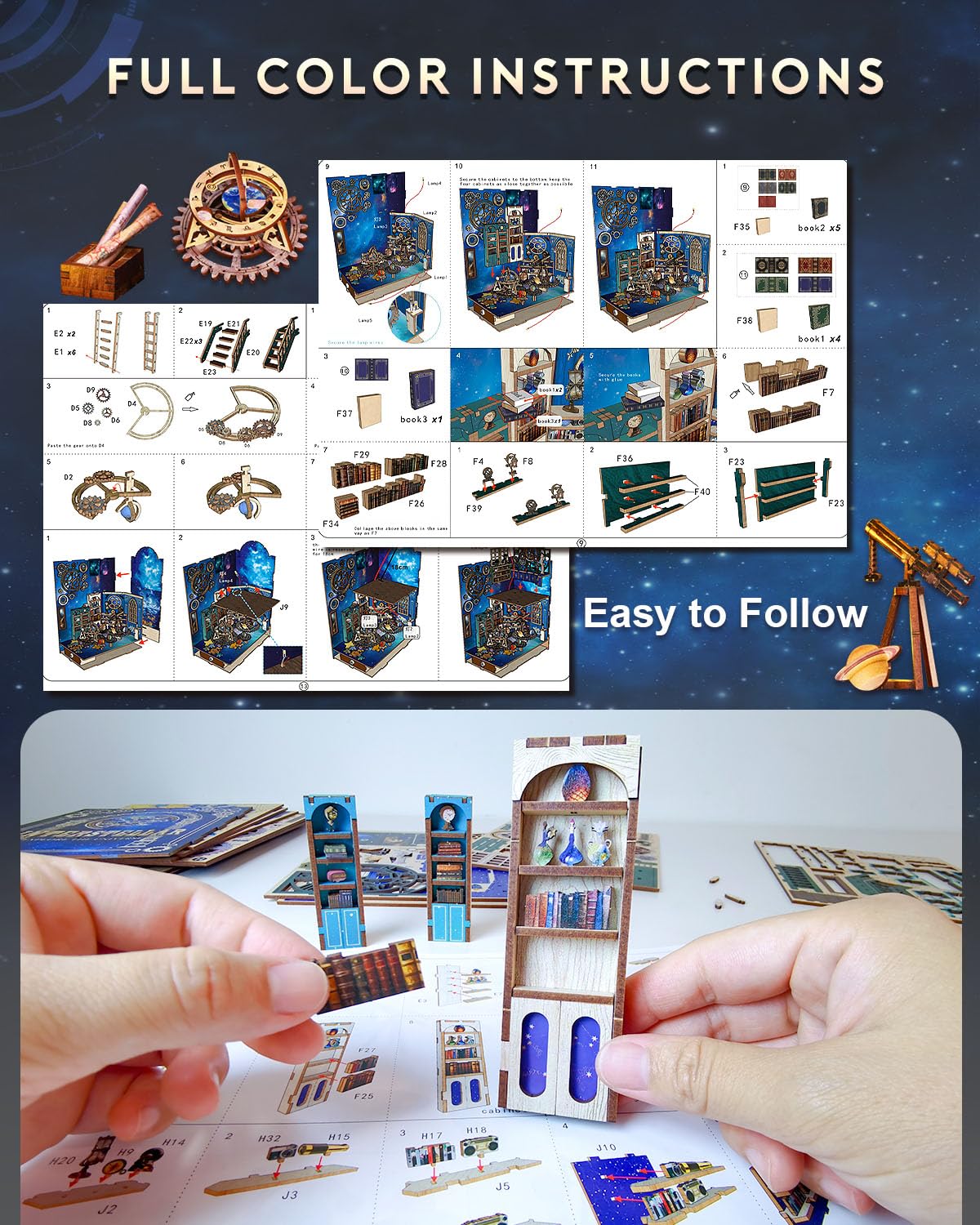 Ourmiao Book Nook Kit Interstellar, Diy Booknooks Kit For Adults Teens With Sensor Lights, Bookshelf Diorama Miniature Scenes In