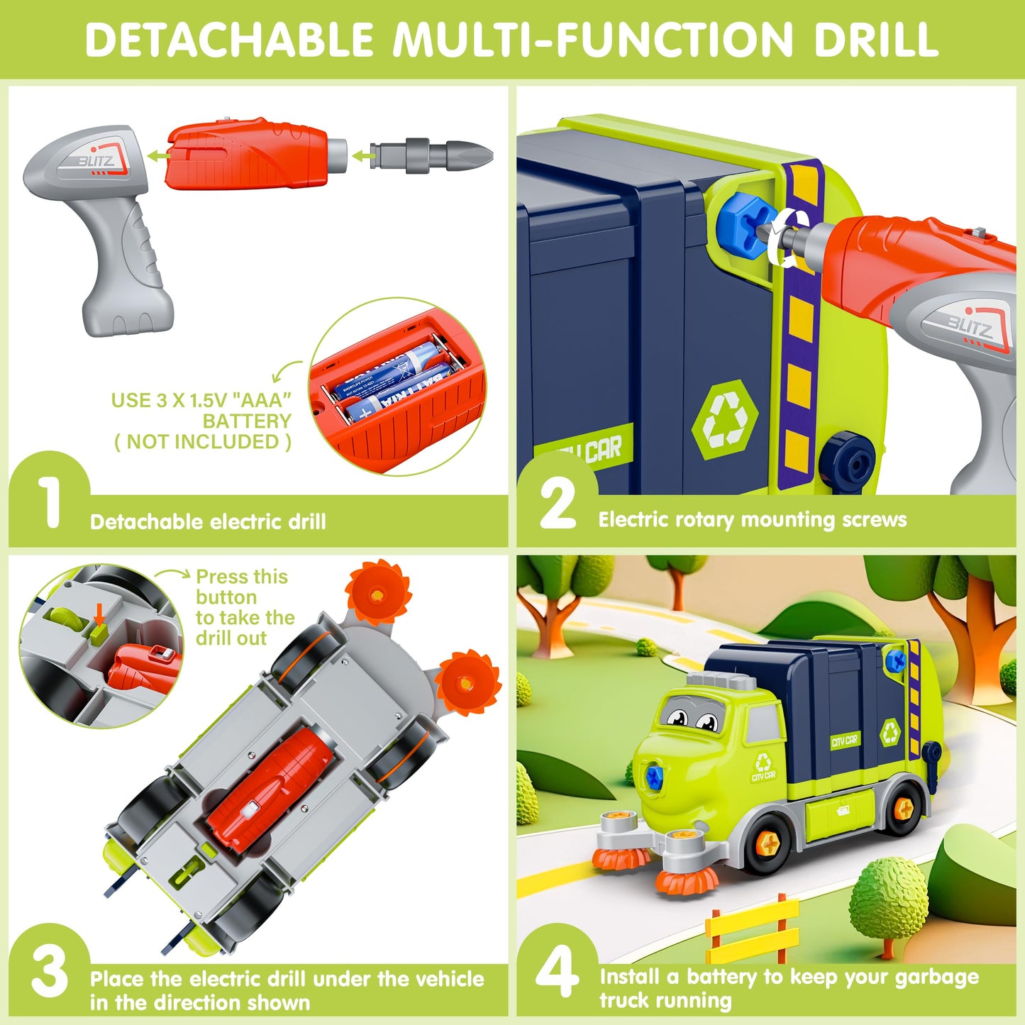BASUN Take Apart Electric City Clean Truck Toy Set, STEM Plastic Toys for 3-8 Years, Green, DIY with Electric Drill