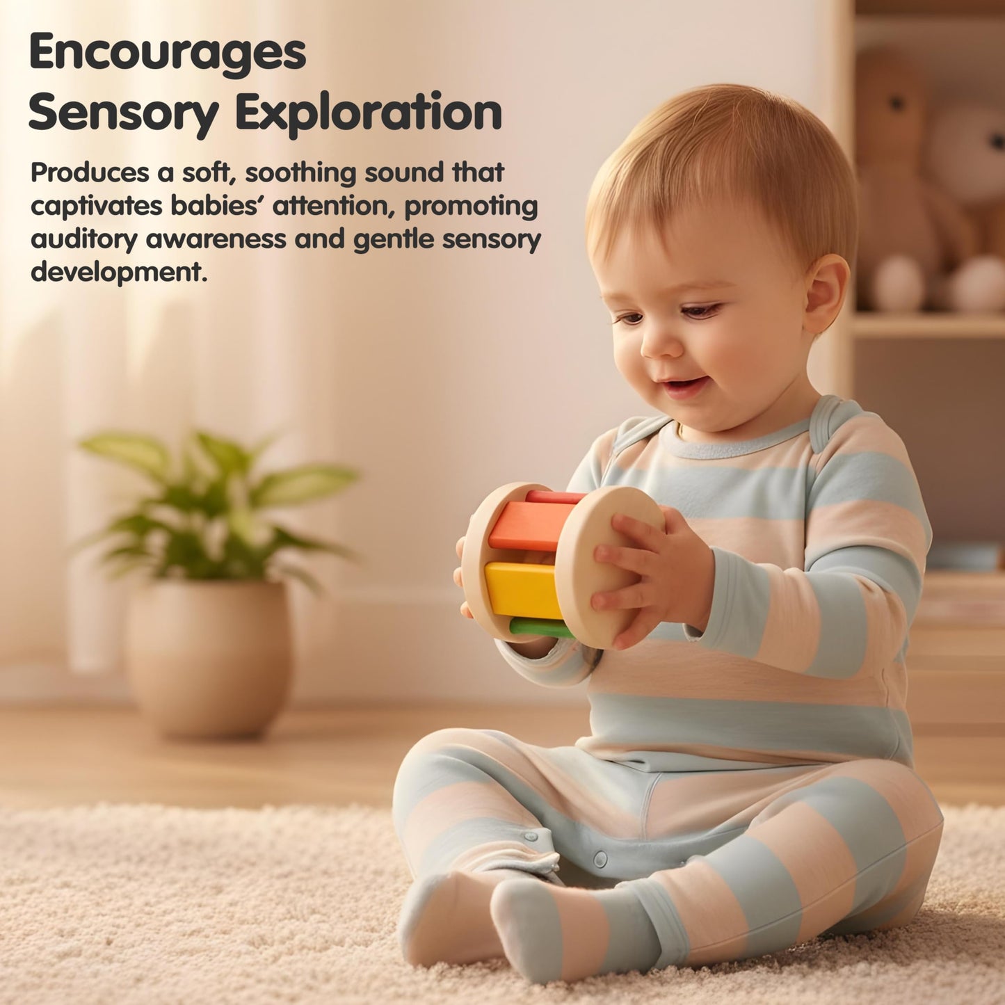 PlanToys Wooden Roller Rattle Toy - Eco-Friendly Montessori Baby Sensory Toy, Medium Size, Bright Color Series, Model 0522000