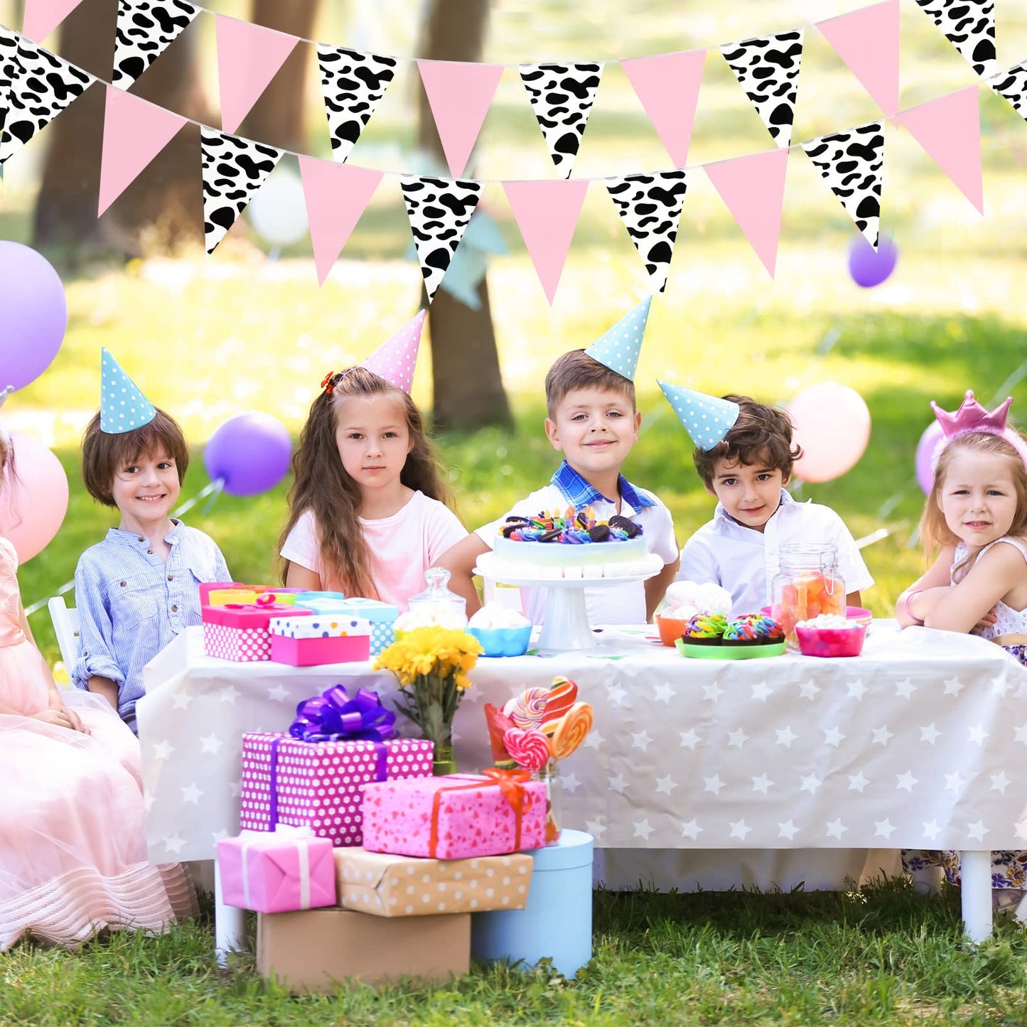 Boao 5 Pcs Cow Print Pennant Banners, Cow Print Pennant Banner Birthday Party Supplies for Western Cowboy Theme Decoration Baby