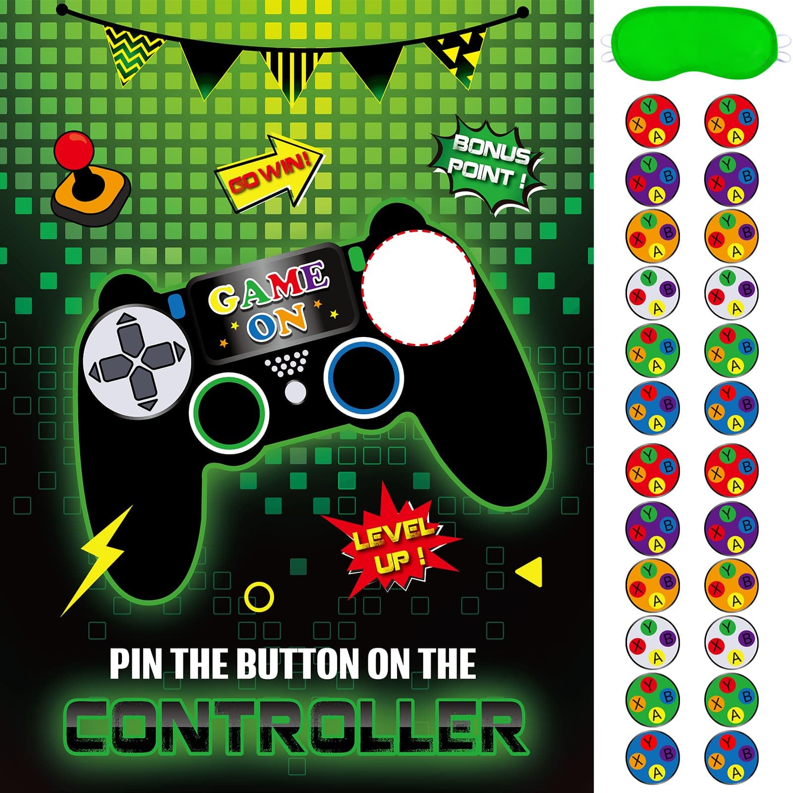 WERNNSAI Pin The Button on The Game - Gamer Party Decorations Birthday Games for Kids Party 21 x 28 Game Poster with 24 Sticker 
