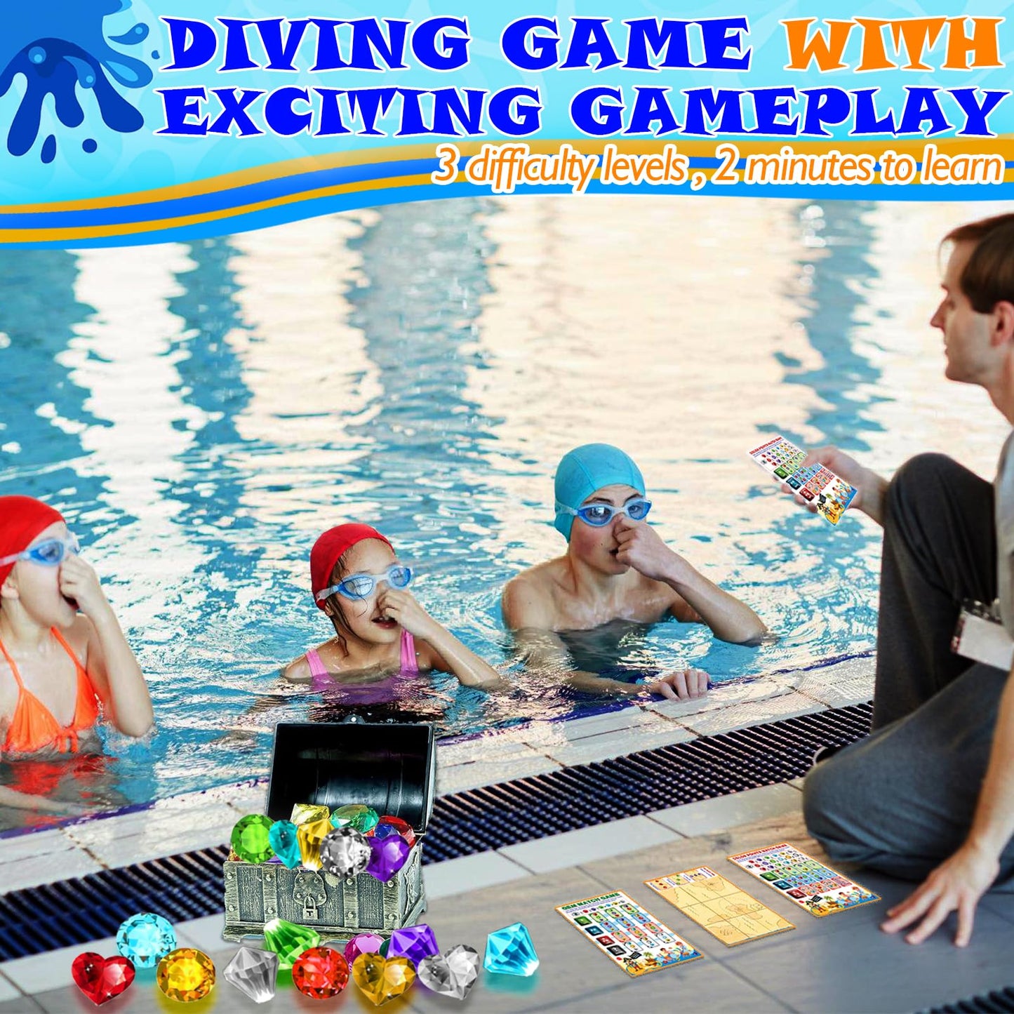 YOULIK Diving Gems Pool Toys incl. Waterproof Games Card Set, 3 Shapes 18 Big Colorful Diamond with Large Pirates Chest, Swim D