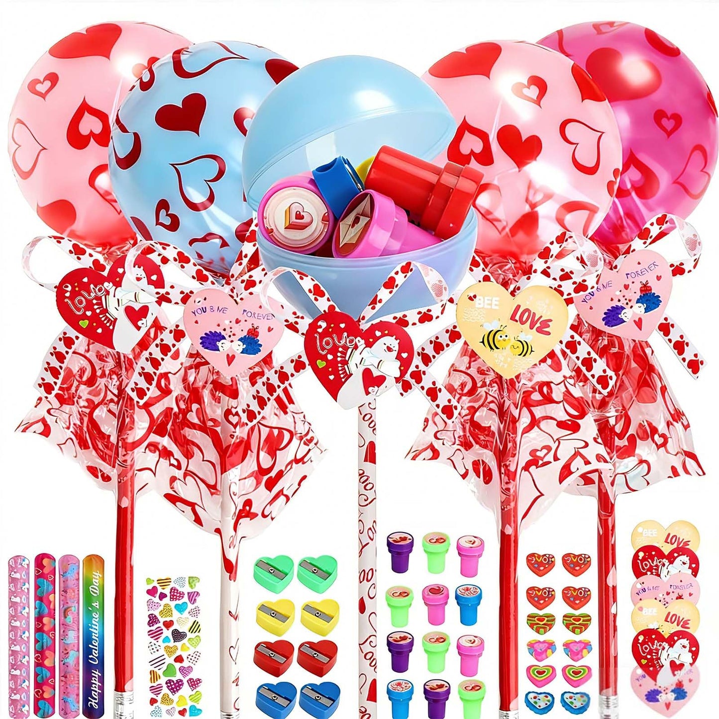 Valentines Day Gifts for Kids - 24 Pack Giant Lollipop Valentines Kit with Cards Slap Bracelets Pencils Stickers Erasers Stamper
