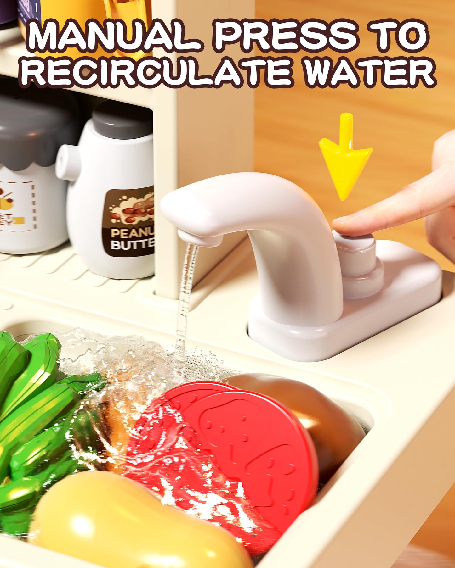 70PCS Kids Kitchen Playset, Kid Play Kitchen with Realistic Lights & Sounds, Spray Sink Toy Kitchen Accessories, Pretend Food To