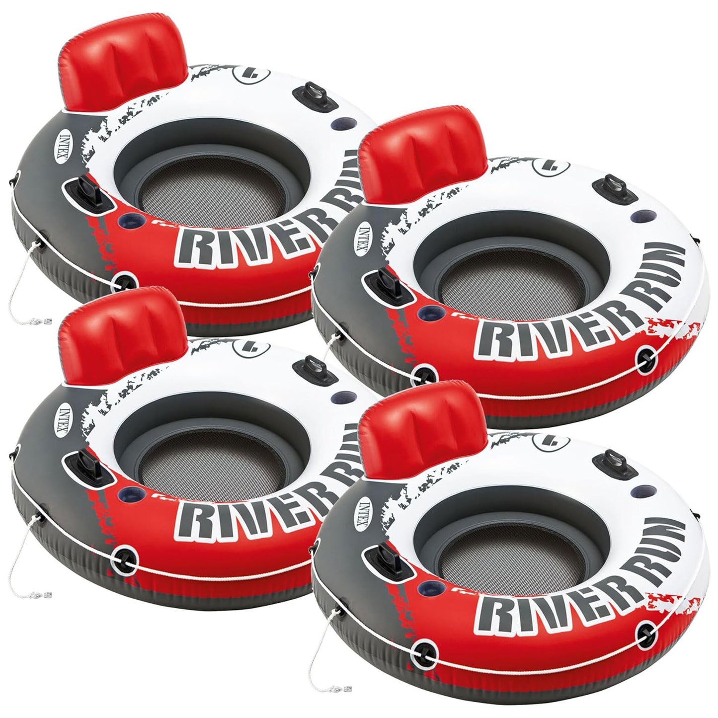 Intex River Run 1 Water Tube Lake Raft Inflatable Pool Floats with 2 Heavy Duty Handles  Backrest  and 2 Cupholders  Red (4 Pack)