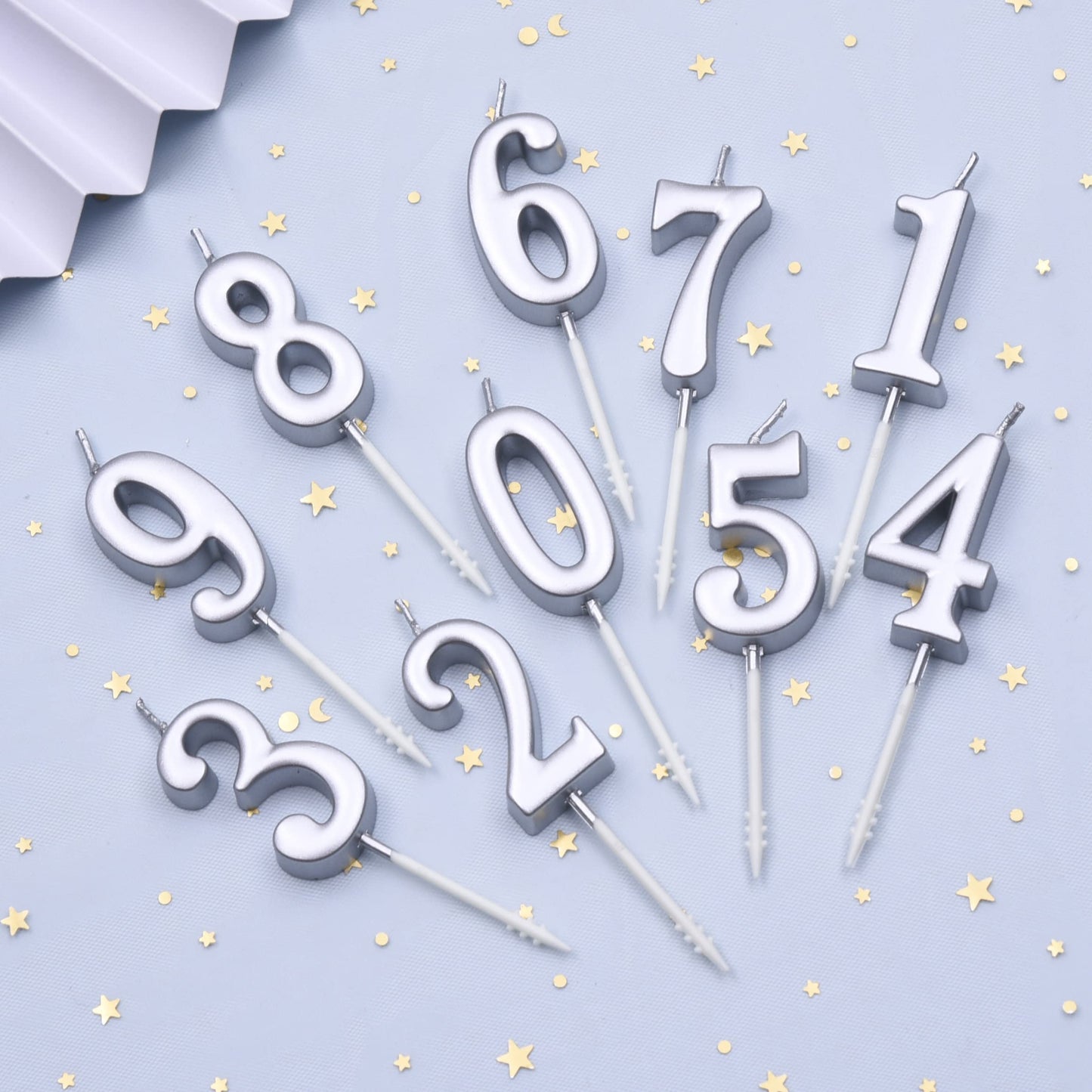 PHD CAKE 10-Pieces Silver Numeral Birthday Candles, Cake Numeral Candles Number 0-9 Glitter Cake Topper Decoration for Birthday,