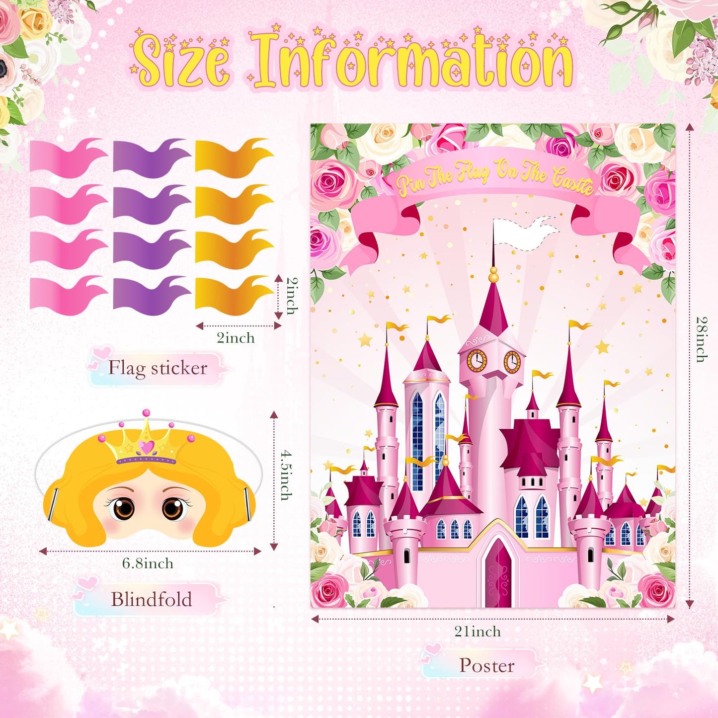 Faccito Princess Party Games Pin The Flag on The Castle Birthday Pin Games Set Include Pink Castle Poster 24 Flag Stickers 2 Bli
