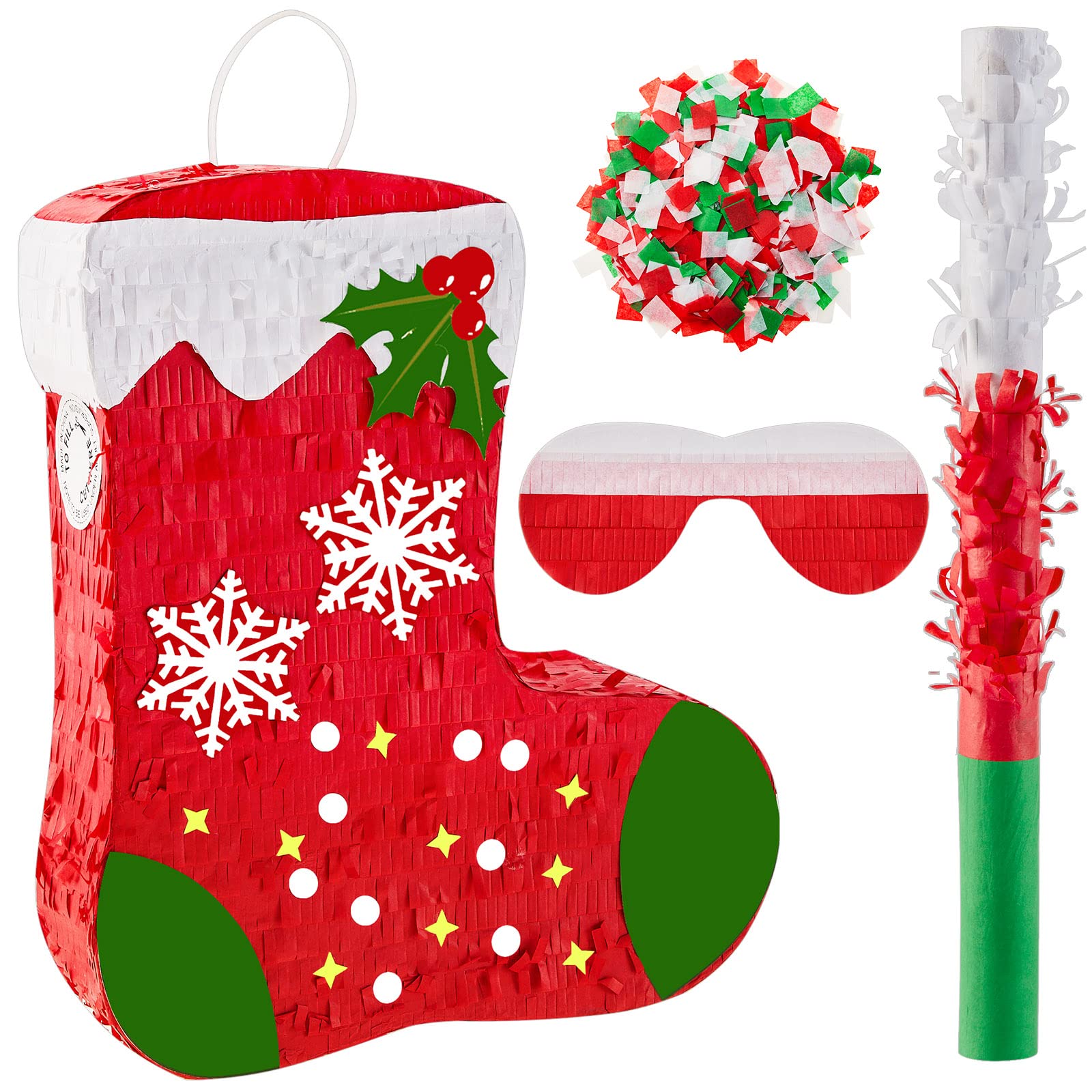 Lewtemi Mini Stocking Piñata, Christmas Piñata Mini Piñata With Blindfold And Bat Confetti Christmas Party Decoration For Xmas Party Supplies Home Decorations,14.8 X 13 X 2.95 Inches