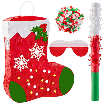Lewtemi Mini Stocking Piñata, Christmas Piñata Mini Piñata With Blindfold And Bat Confetti Christmas Party Decoration For Xmas Party Supplies Home Decorations,14.8 X 13 X 2.95 Inches
