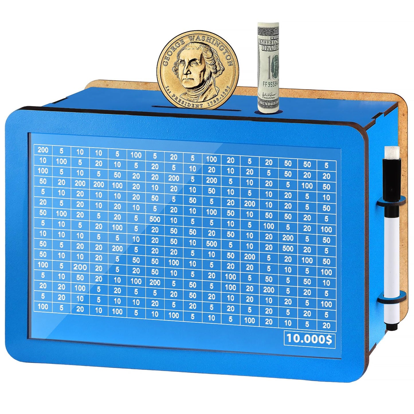 Wenmthg 10000 Larger Size Savings Challenge Box - Cash Vault Wooden Money Savings Box For Adults Kids - Kakeibo Money Bank - Woo