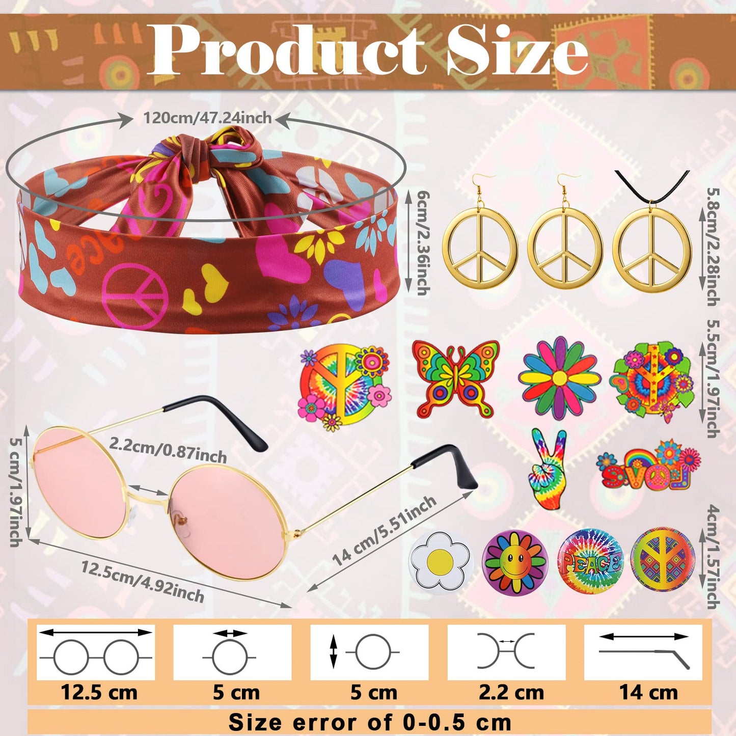 Kathfly 18 Pcs Hippie Costume for Girls Kids 70s 60s Outfits Set Hippie Dress Fringe Vest Party Accessories for Carnival Halloween(3XL)