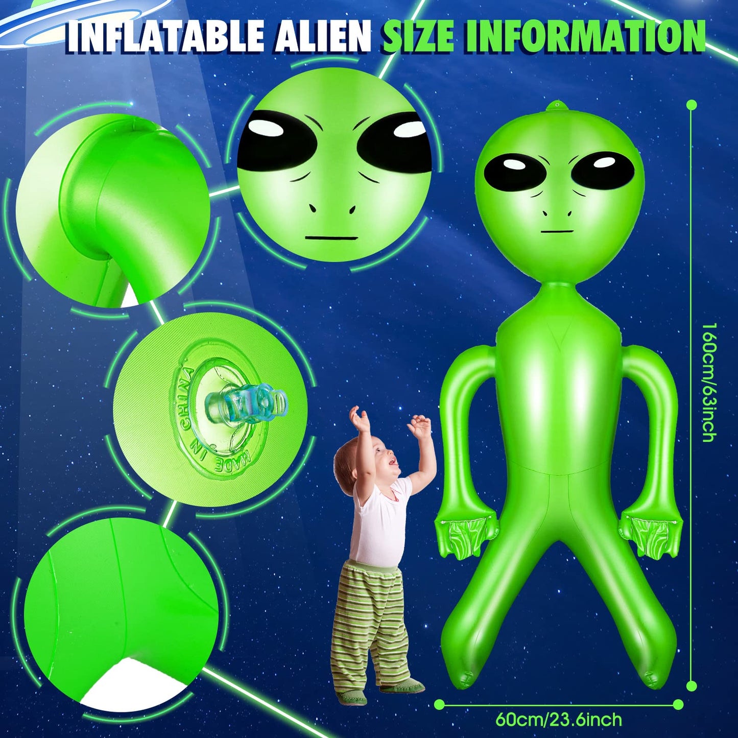 Zhanmai 63 Inch Giant Inflatable Alien Blow Up Jumbo Green Inflate Alien For Theme Birthday Party Favors Decorations Indoor Outdoor Photo Prep Halloween Easter Christmas Decorations(1 Piece)