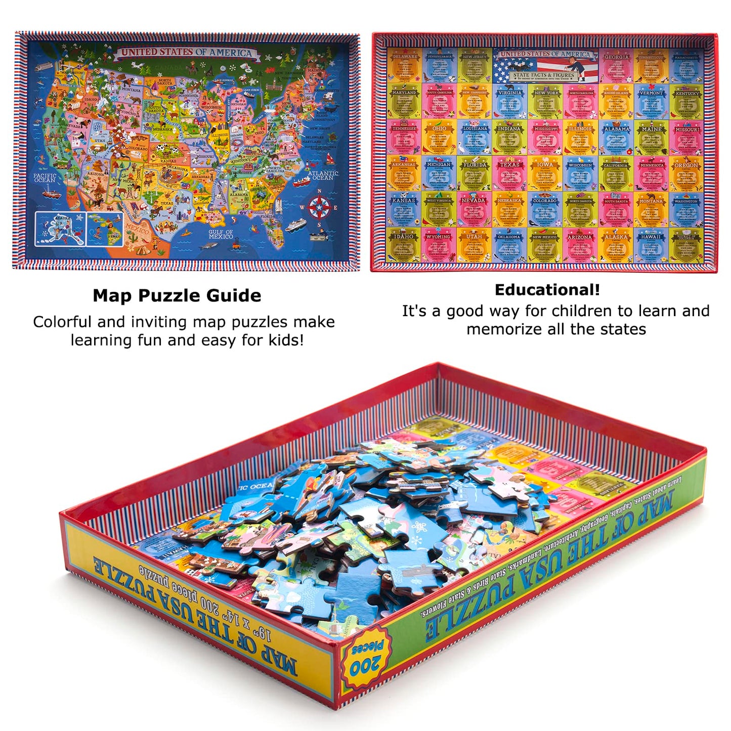 MOTYAWN USA Map Puzzle for Kids - 200 Piece United States Puzzle - 50 States with Capitals for Kids Ages 4 and Up  America Jigsaw Puzzle Childrens Geography Puzzles Preschool Toys