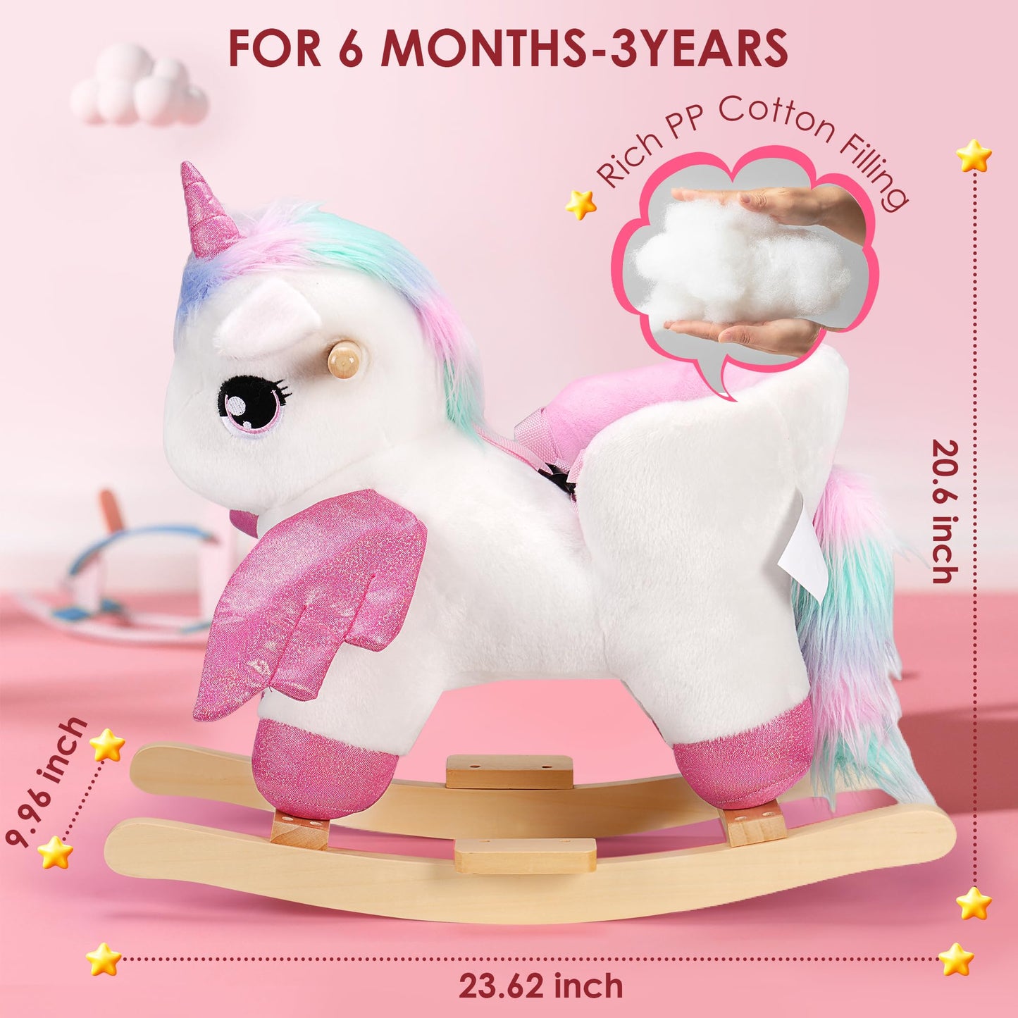Rengue Unicorn Baby Rocking Horse, Toddler Kids Pink Fairy Unicorn Rocking Horse With Wooden Base Seat Safety Belt For 6 Months