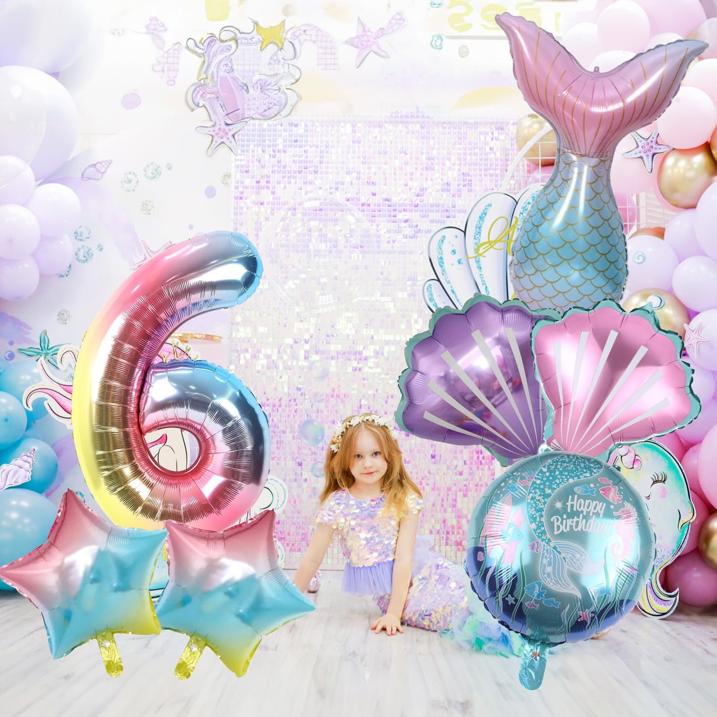 Mermaid 6Th Birthday Decorations, 8Pcs Mermaid Party Decorations Balloons, 40 Inch Rainbow Number 6 Balloon, Large Helium Foil Mermaid Tail Balloon, Seashell Balloons For Girls' 6Th Birthday Party