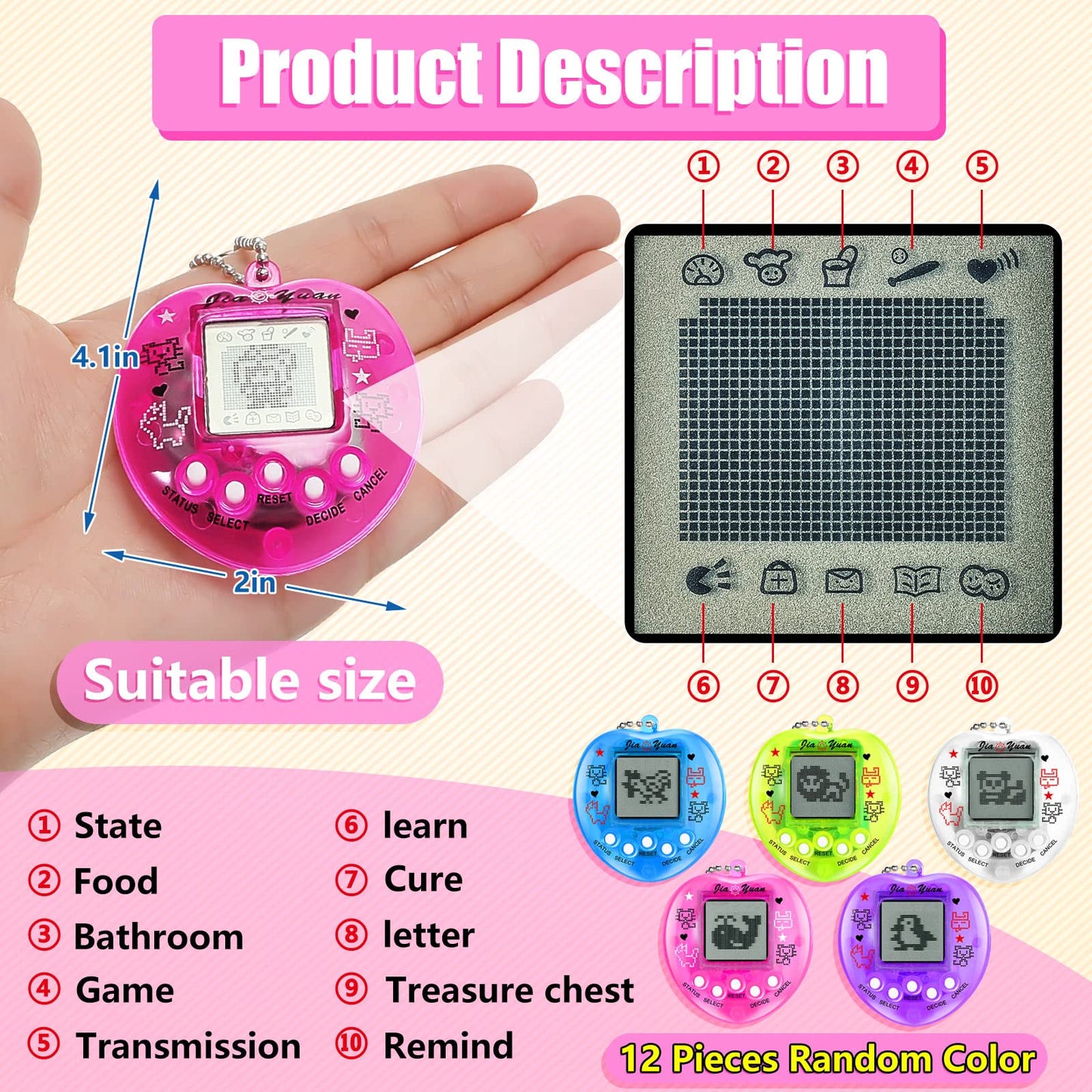 Sosation 12 Pcs Virtual Pets Keychain Egg Fillings for Kids 168 Electronic Digital Pet Easter Retro Handheld Game Machine 90s To