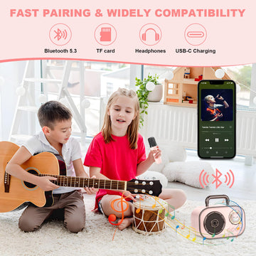 Mini Karaoke Machine For Kids Adults, Fun Portable Bluetooth Speaker With 2 Wireless Microphones, Stereo Sound Enhanced, Rich Bass, Cute Music Toys For Girls And Boys Ages 3-12 To Sing Loudly