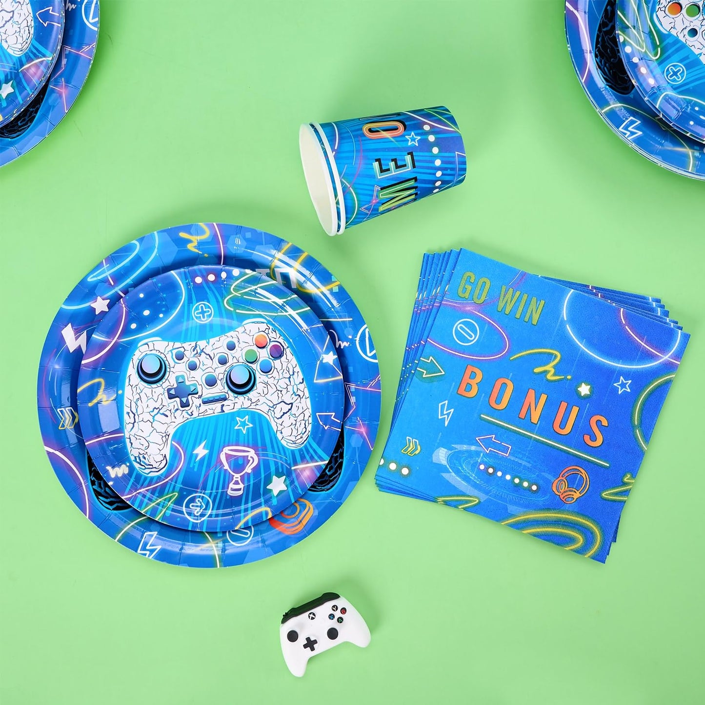 Wernnsai Blue Video Game Party Paper Plates Cups Napkins - 64 Pcs Gamer Birthday Party Decorations For Boys Gaming Night Tableware Set Disposable Dinner Dessert Plates Napkins Cups Serves 16 Guests