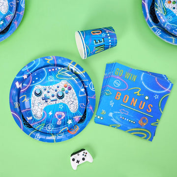 Wernnsai Blue Video Game Party Paper Plates Cups Napkins - 64 Pcs Gamer Birthday Party Decorations For Boys Gaming Night Tableware Set Disposable Dinner Dessert Plates Napkins Cups Serves 16 Guests