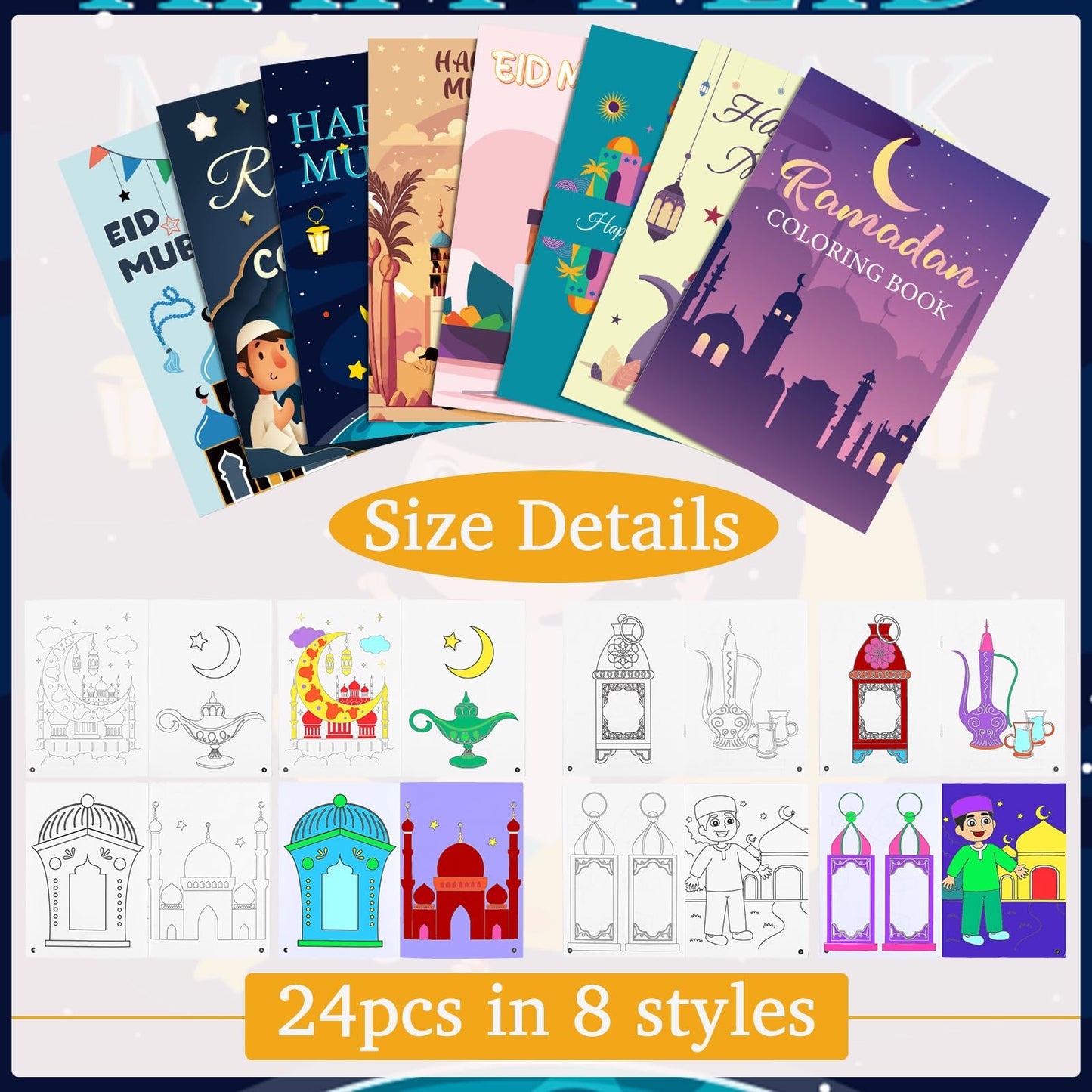 Zhanmai 48 Pcs Ramadan Coloring Book Bulk with Stacking Crayons Ramadan Moon Star Holiday Activity Book Eid Mubarak Coloring Boo