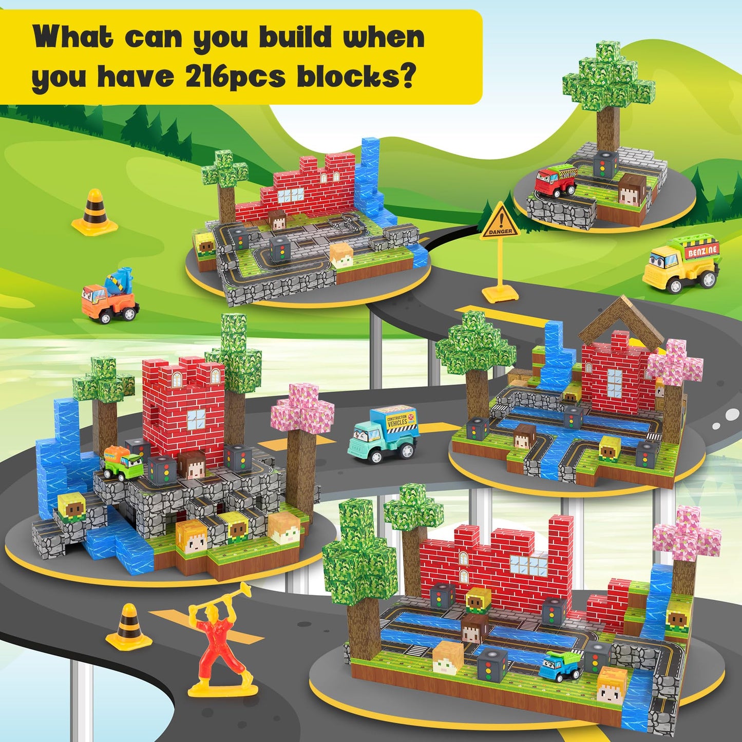 Cuteland Magnetic Blocks 216Pcs City Style, Magnetic Building Blocks For Boys 6-8, Toys Gift For 6+ Year Old Kids