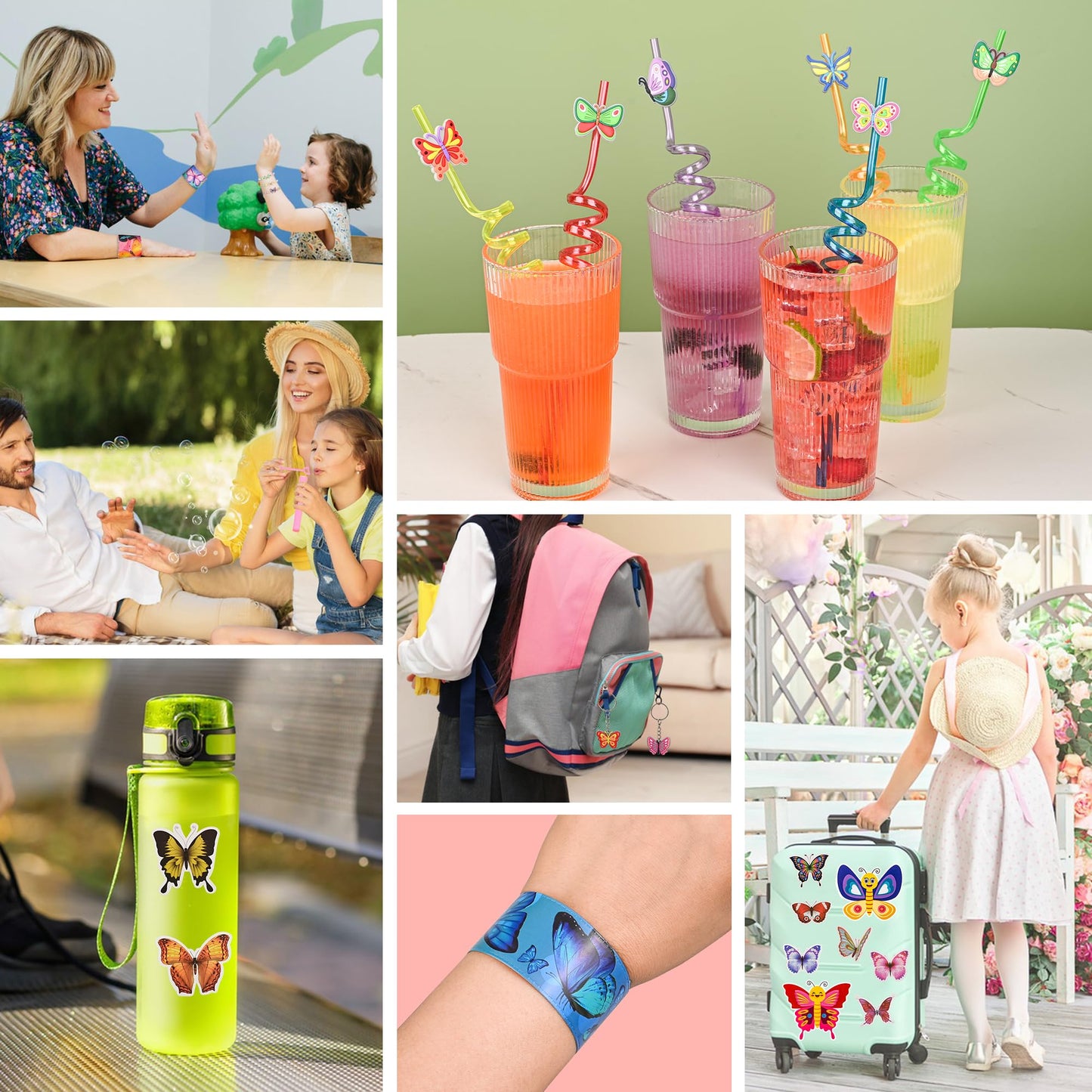 LiYiQ 122 Pcs Butterfly Party Favors included Straw Slap Bracelets Make Your Own Butterfly Stickers and Gifts Bags for Butterfly
