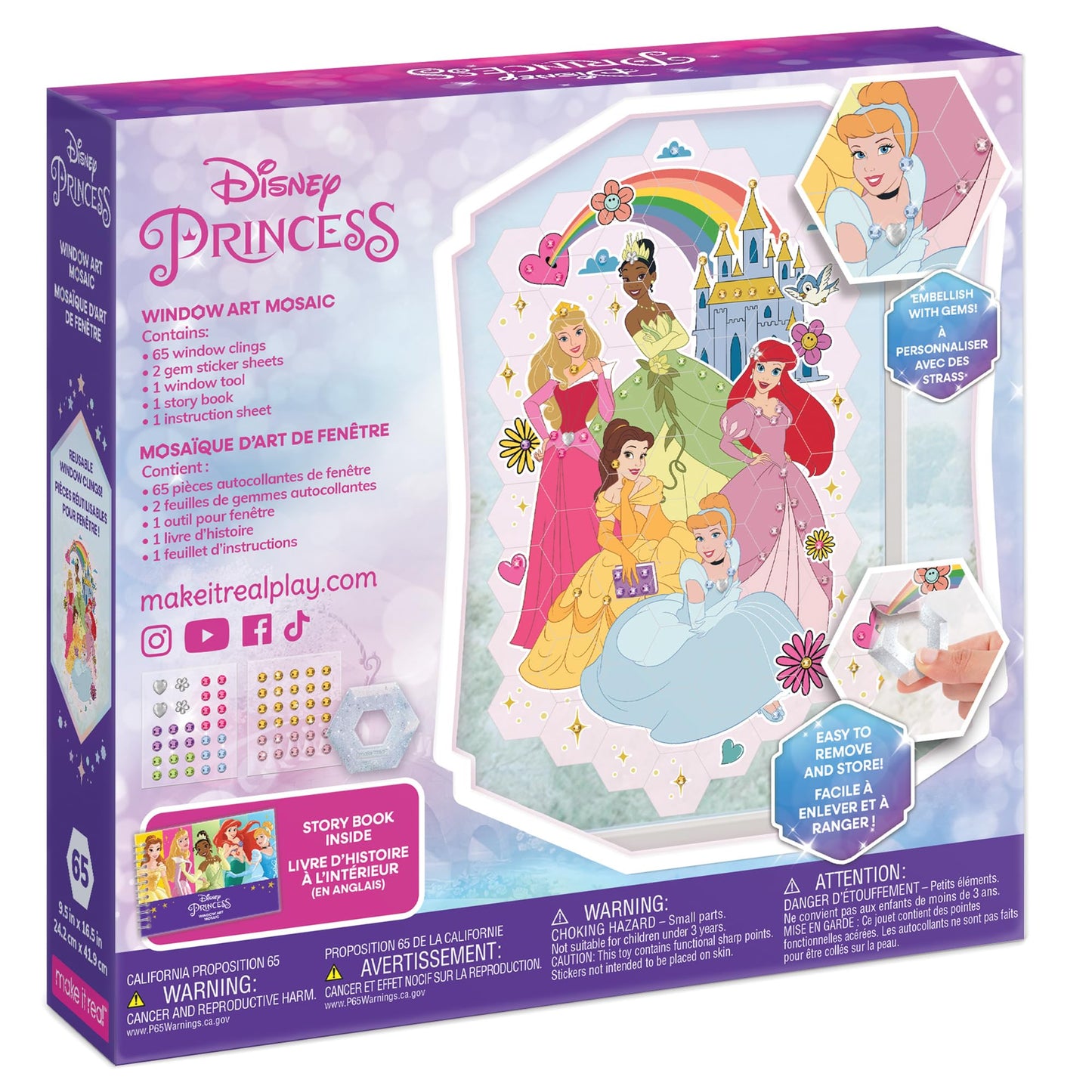 Make It Real Disney: Window Art Mosaic - Disney Princess - 70 pcs, Reusable Puzzle Window Clings, Creates a 9.5 x 16.5 Image, Ki