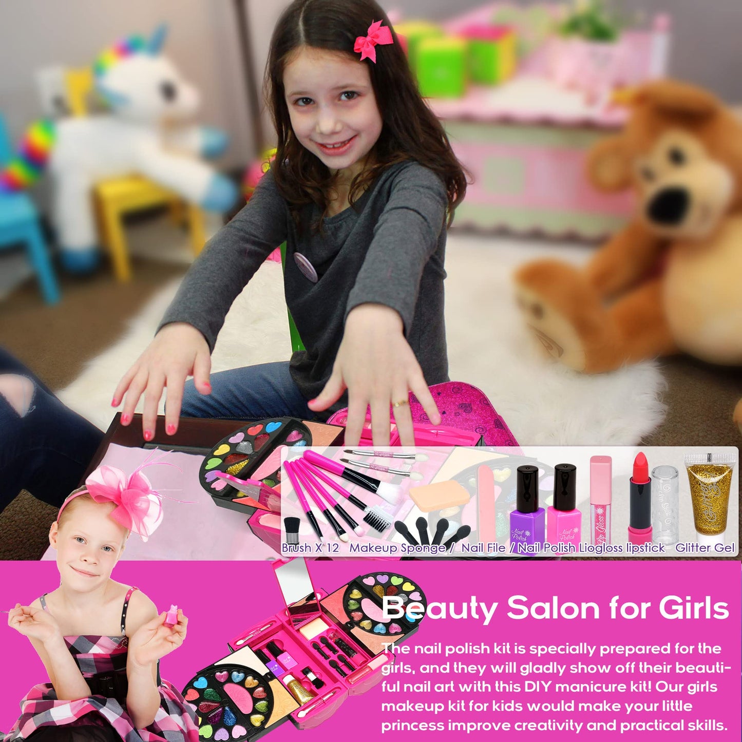Kids Makeup Kit For Girl - 59 Pcs Real And Safe Make Up For Kids Girls, Washable Little Girls Makeup, Princess Toy Makeup Kit Fo