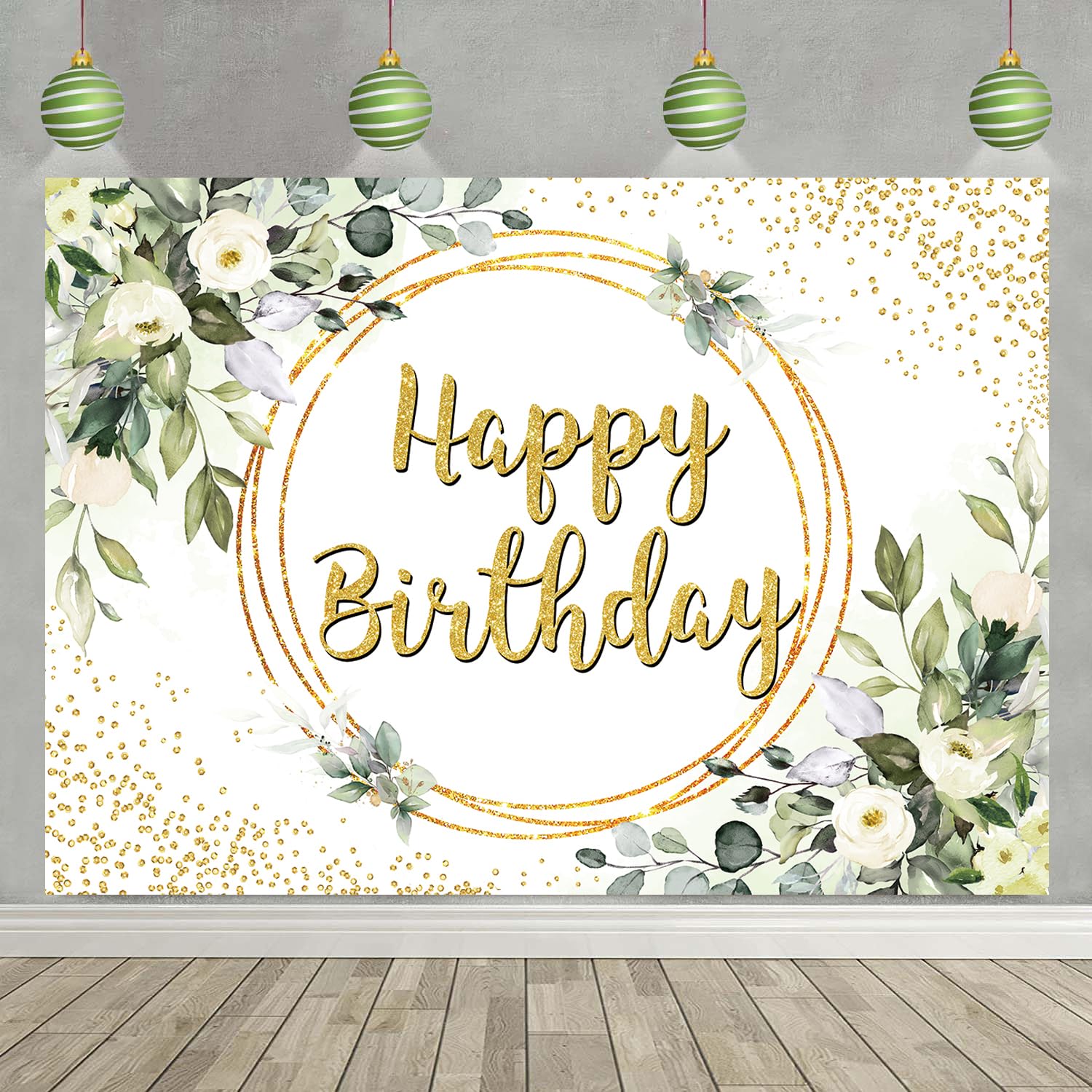 Green Happy Birthday Backdrop Greenery Succulent and Gold Eucalyptus Green Leaves Photography Background Jungle Boys Girl Women 