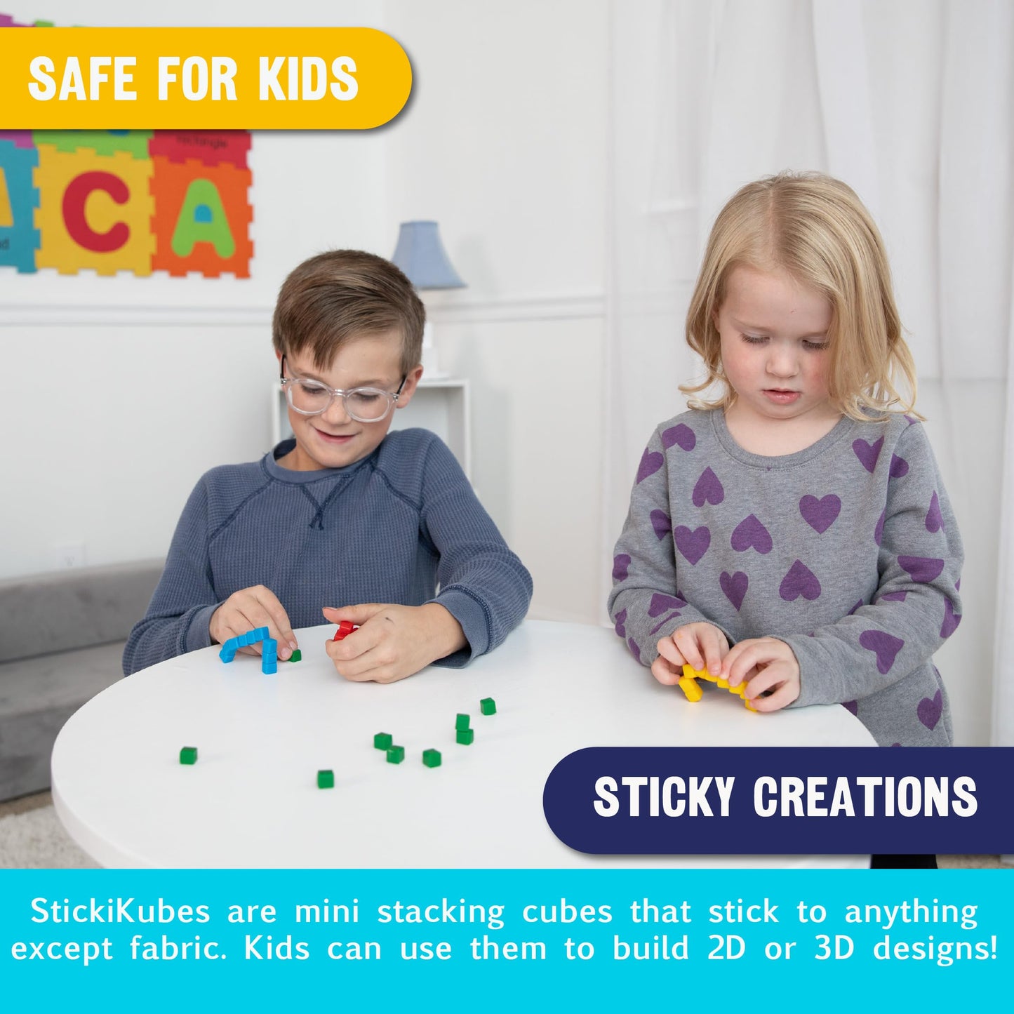 KOMARC GAMES StickiKubes - Mini Stacking Cubes, Rainbow Color, Non-Toxic, 125 Kid-Safe Sticky Blocks, Creative Construction Toy