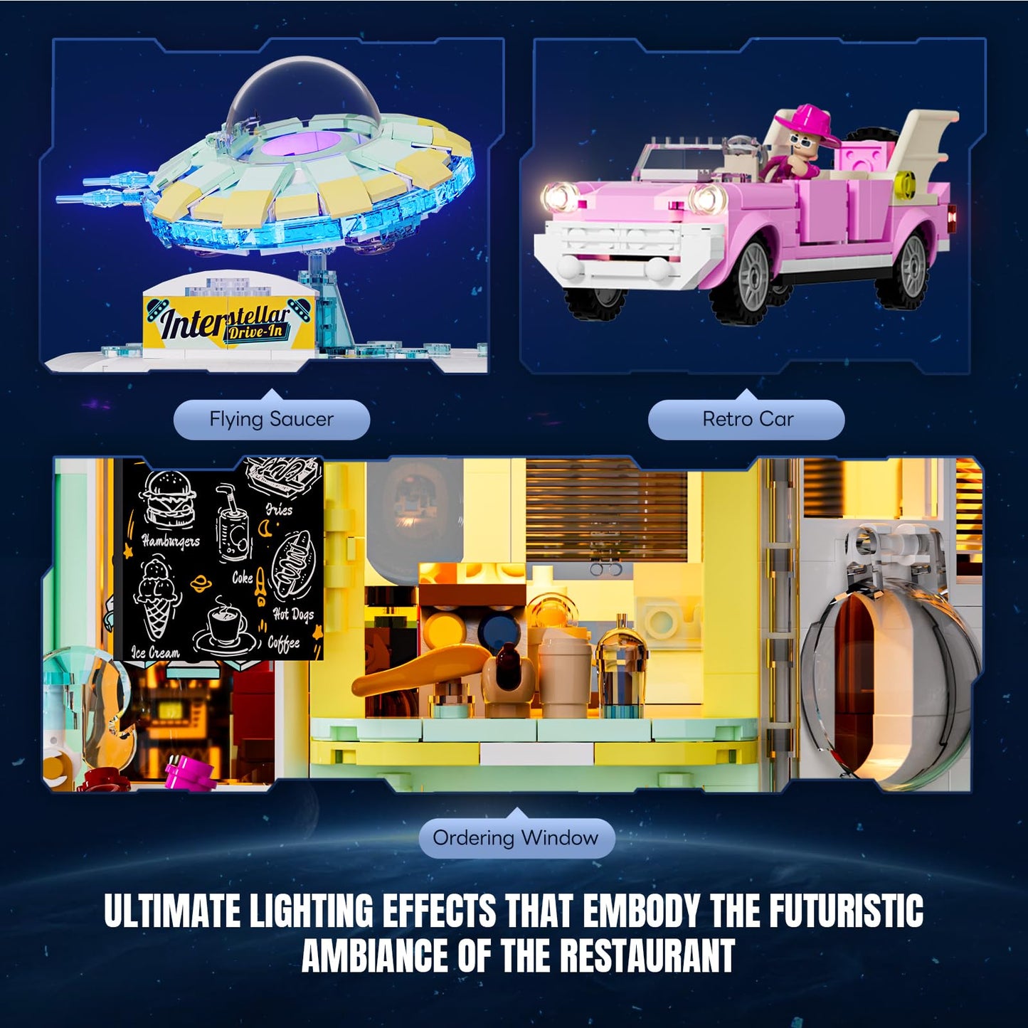 Lumibricks Interstellar-Diner Lighting-Building-Bricks City Set - 2188 Pcs Road UFO Drive-in Restaurant Modular Collection LED Light Space Car Restaurant Set for mature-themeds and Travelling Enthusiasts