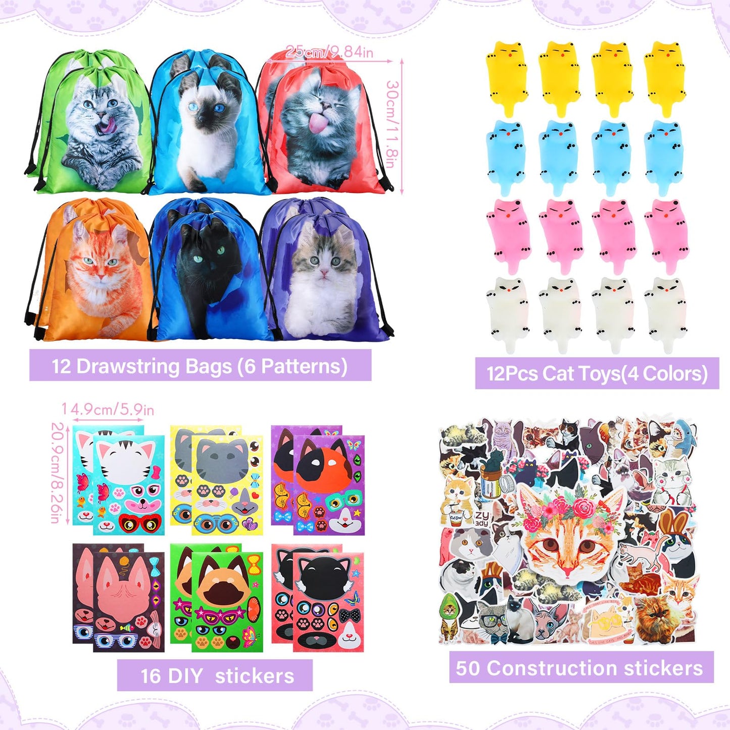 Jerify 91 Pcs Cat Birthday Party Favors Decoration Cat Party favor bags Fillers Drawstring Backpack Bracelets Squeeze Kids Toys